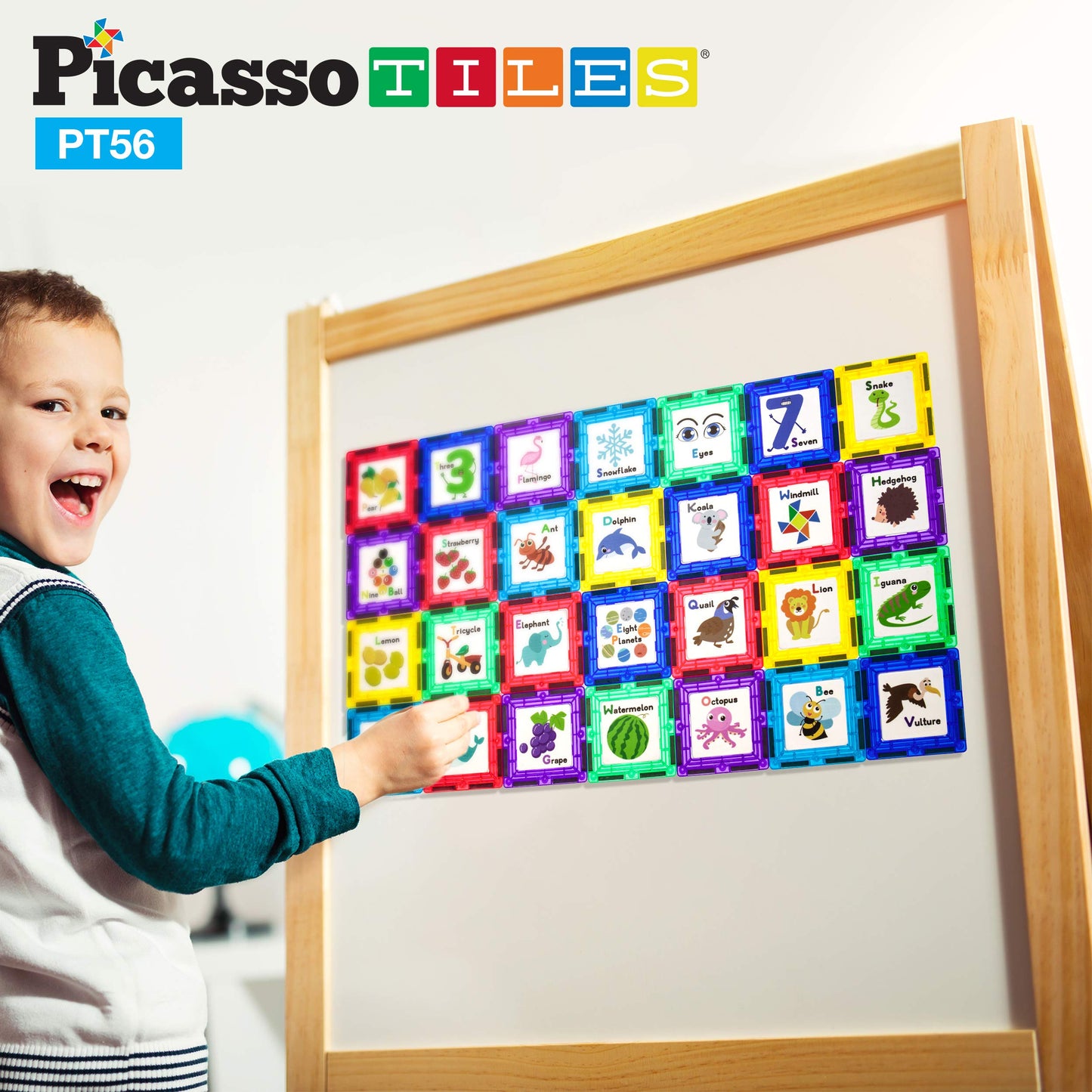 PicassoTiles 56-Piece Magnetic Building Blocks with Graphic Inserts | STEM Learning Kit