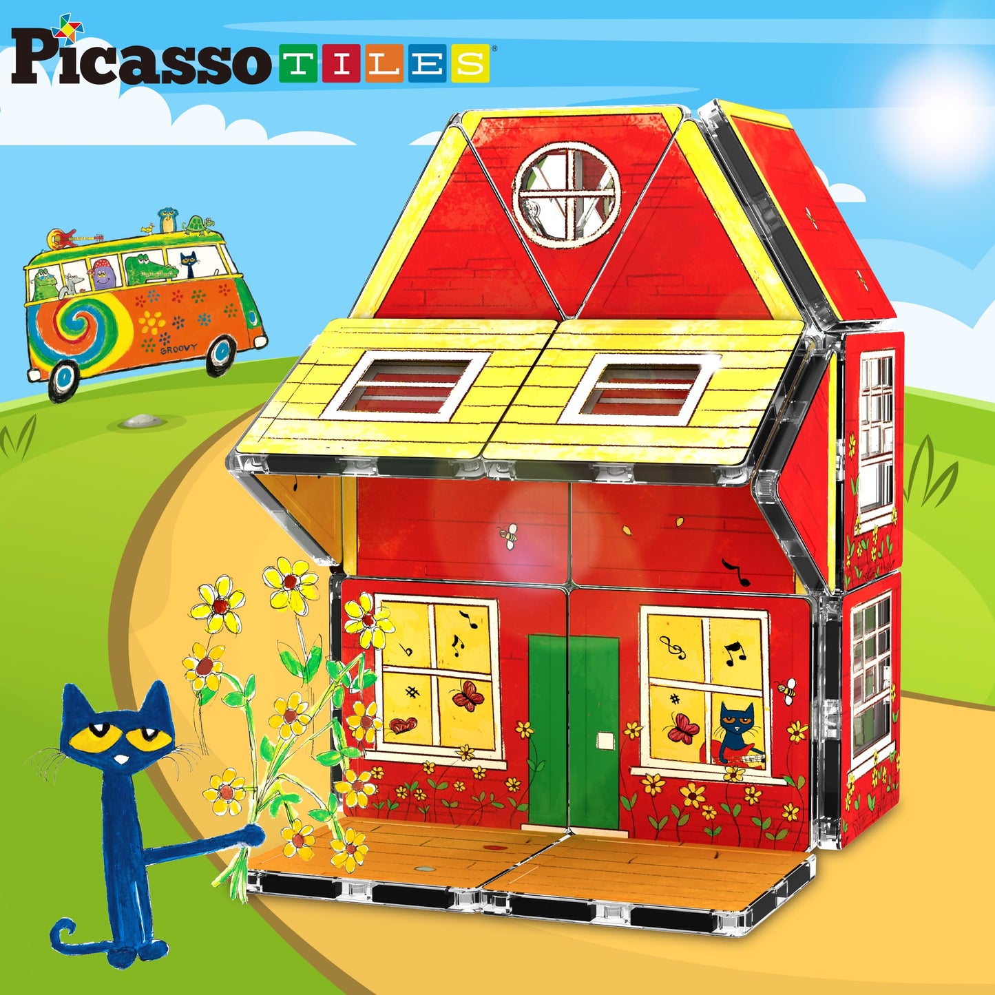 PicassoTiles Pete the Cat Home Theme Magnetic Tiles | STEM Building Blocks for Kids 3+