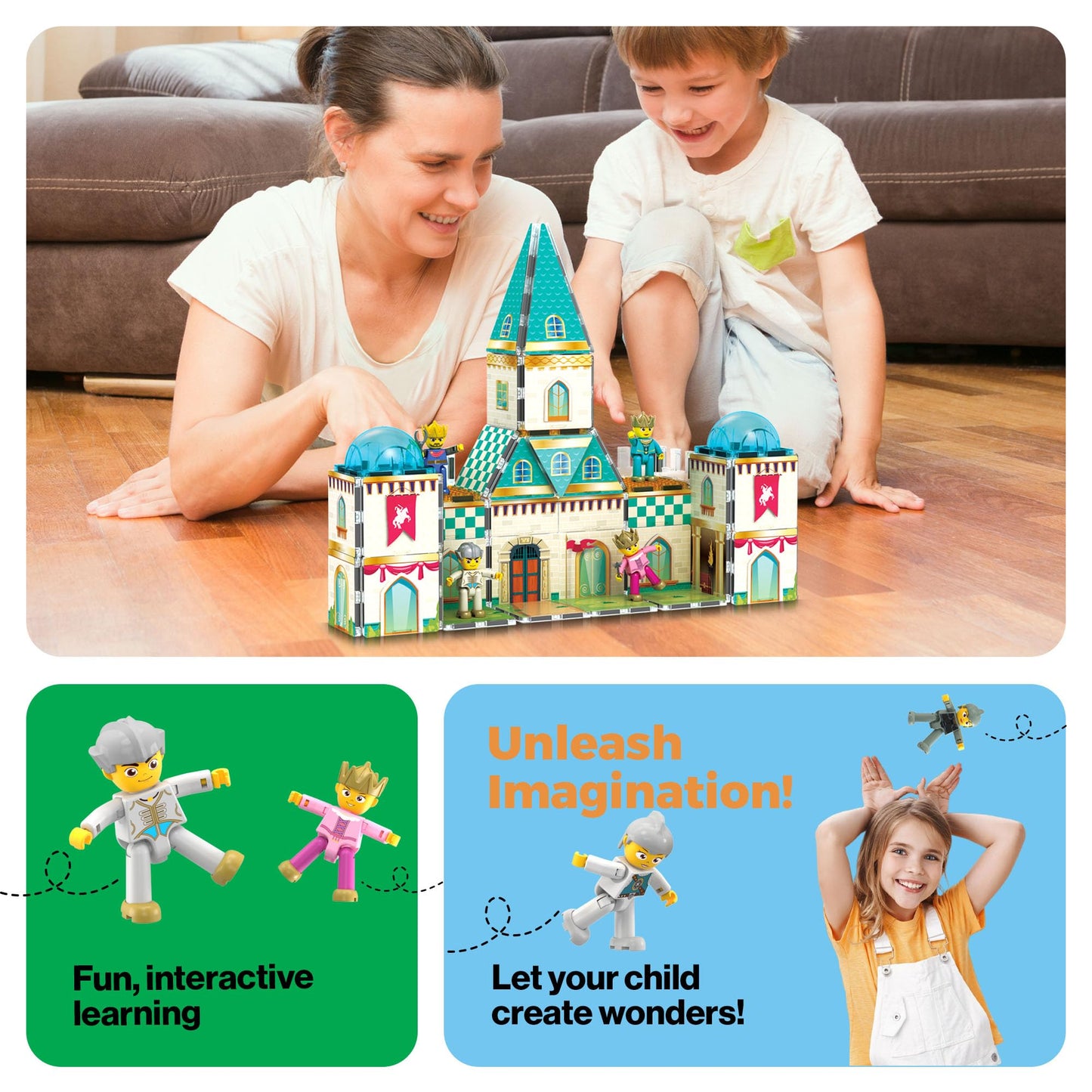 PicassoTiles 70pc Medieval Castle Magnetic Tile Set – 2in1 8 Figures | STEM Building Blocks for Kids 3+