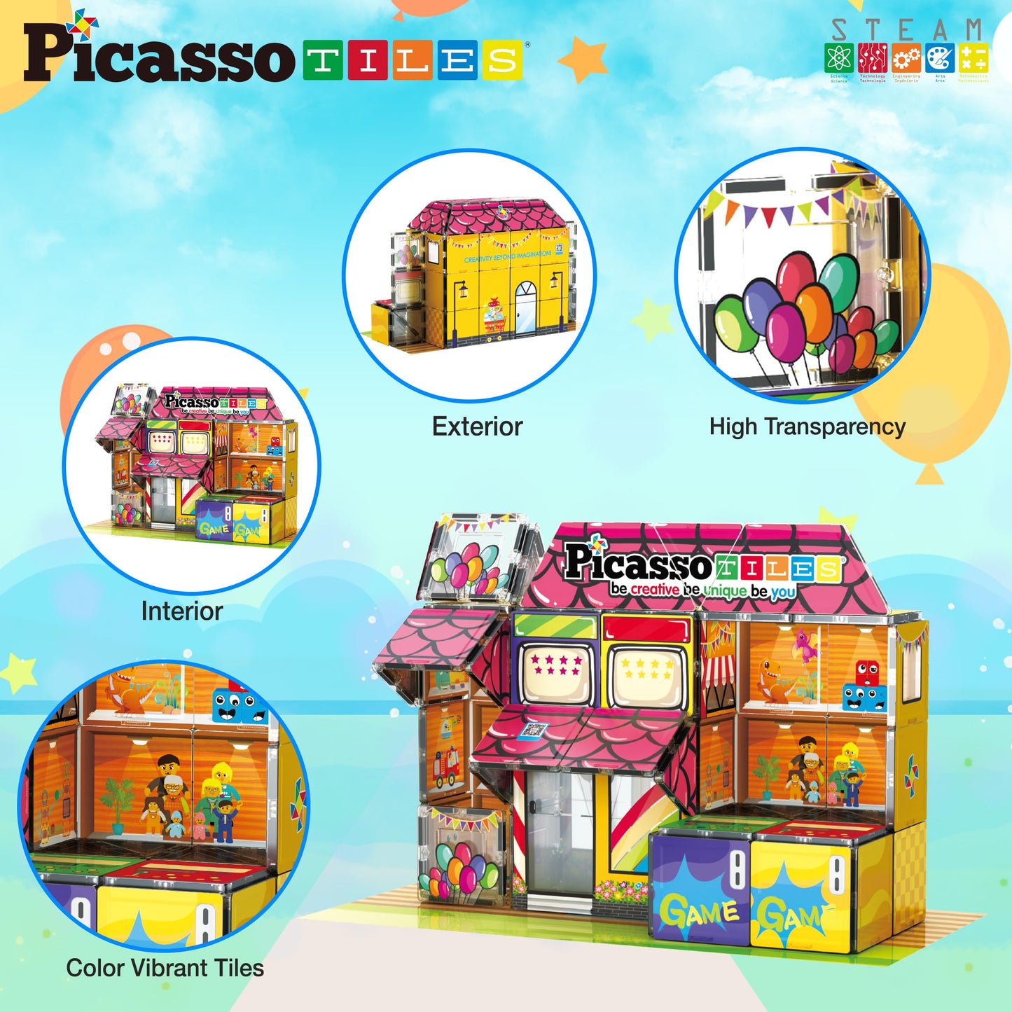 PicassoTiles 60pc Magnetic Toy Store Theme | Reconfigurable STEM Playset for Ages 3+ | PTQ50