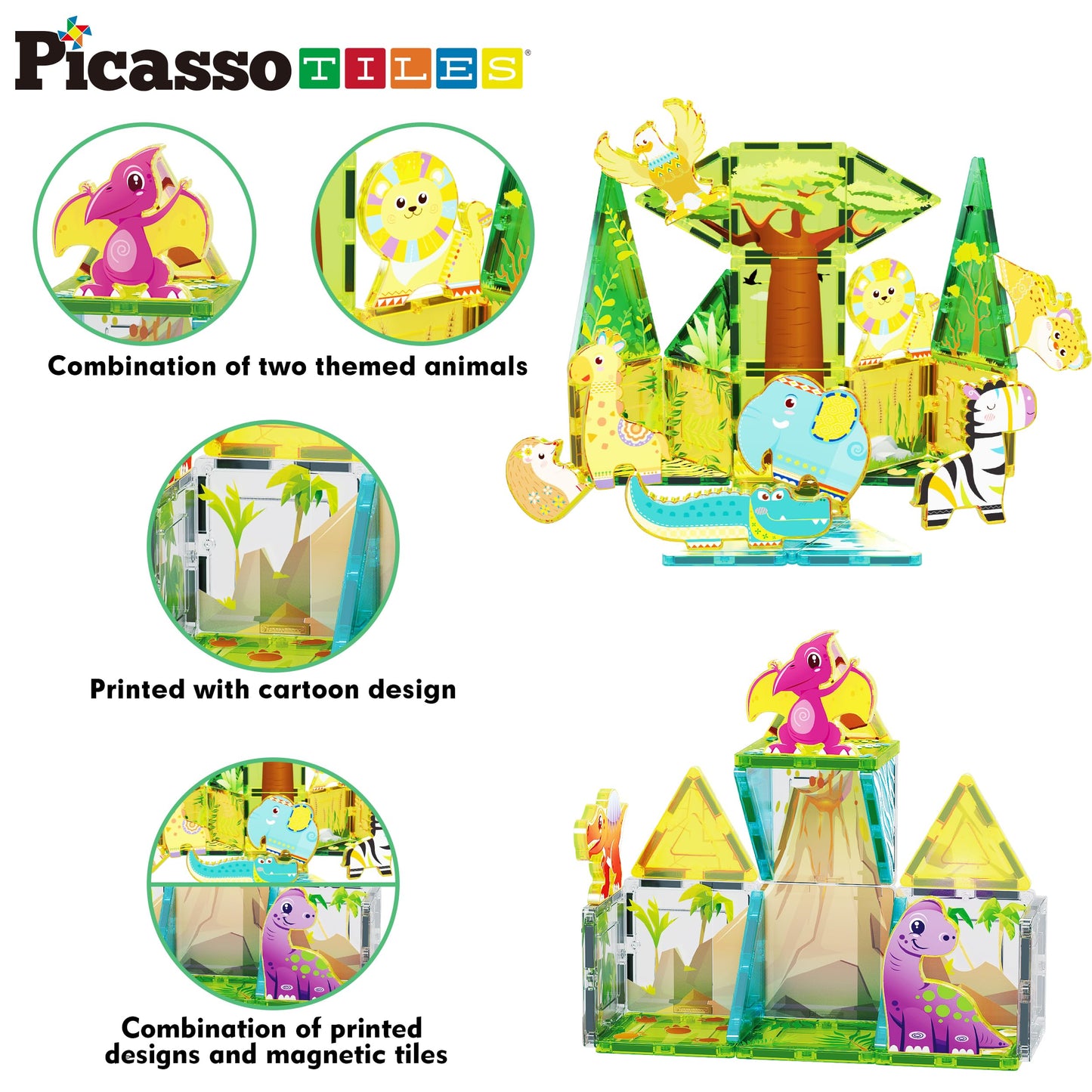 PicassoTiles Magnet Tiles Set Safari Animals & Dinosaurs – 16 Action Figures, STEM Toys for Toddlers 3+, PTQ28
