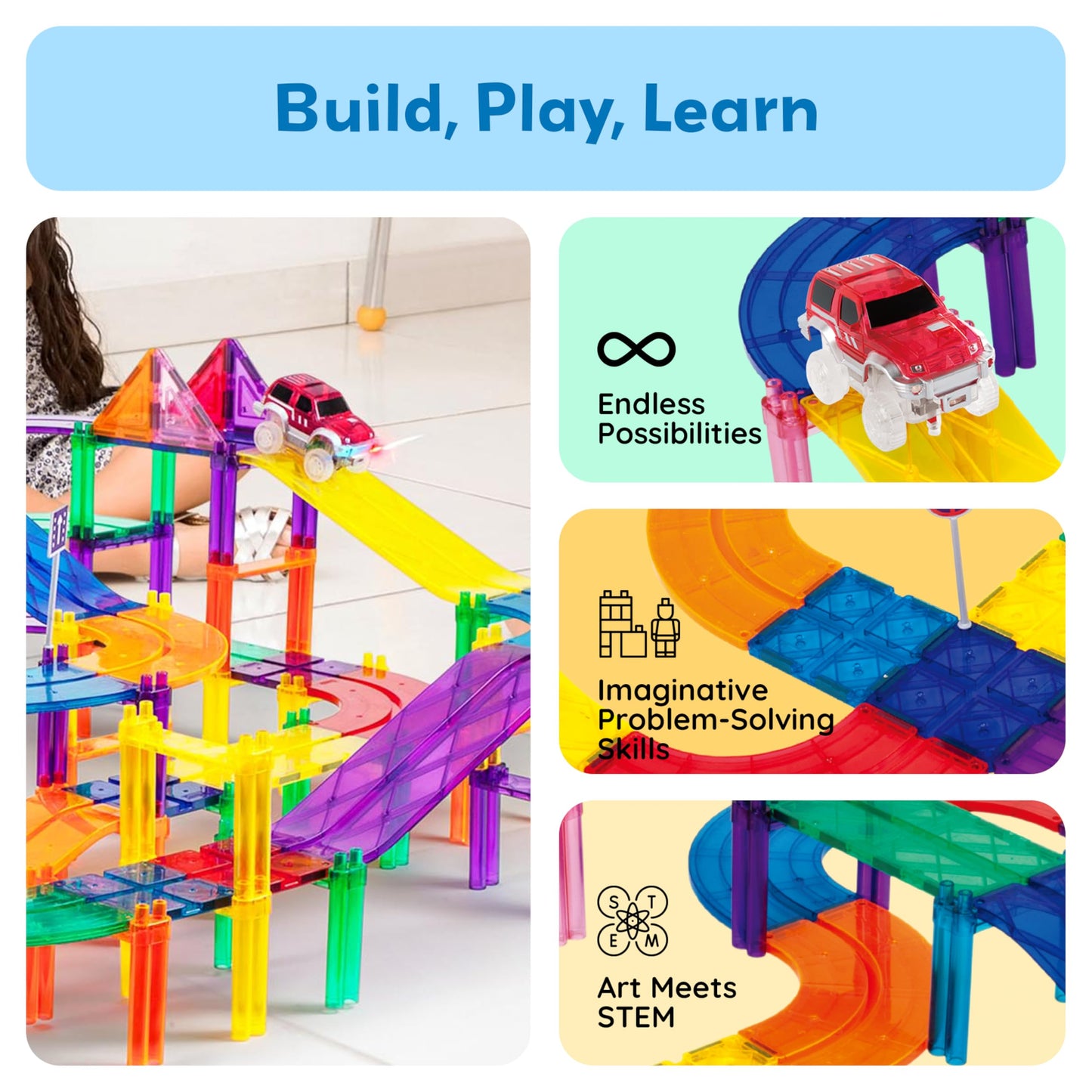 PicassoTiles 80pc Race Car Track – Magnetic Tiles STEM Toy with 2 Light-Up Cars