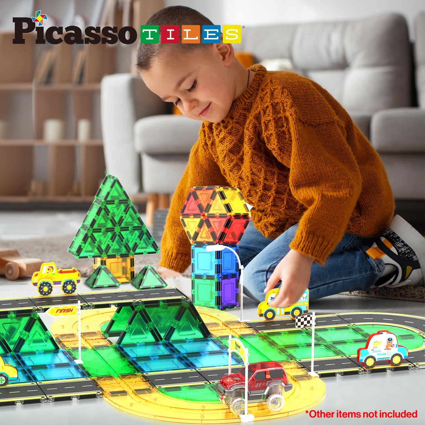 PicassoTiles Magnetic Car Track Set — 16 Printed Road Tiles for Creative STEM Play
