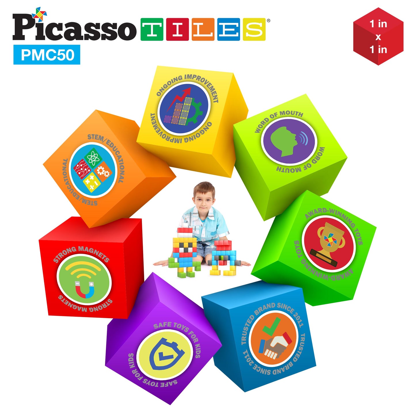PicassoTiles 1 inch Magnetic Puzzle Cube – Mix & Match STEM Building Blocks & Sensory Toy Set