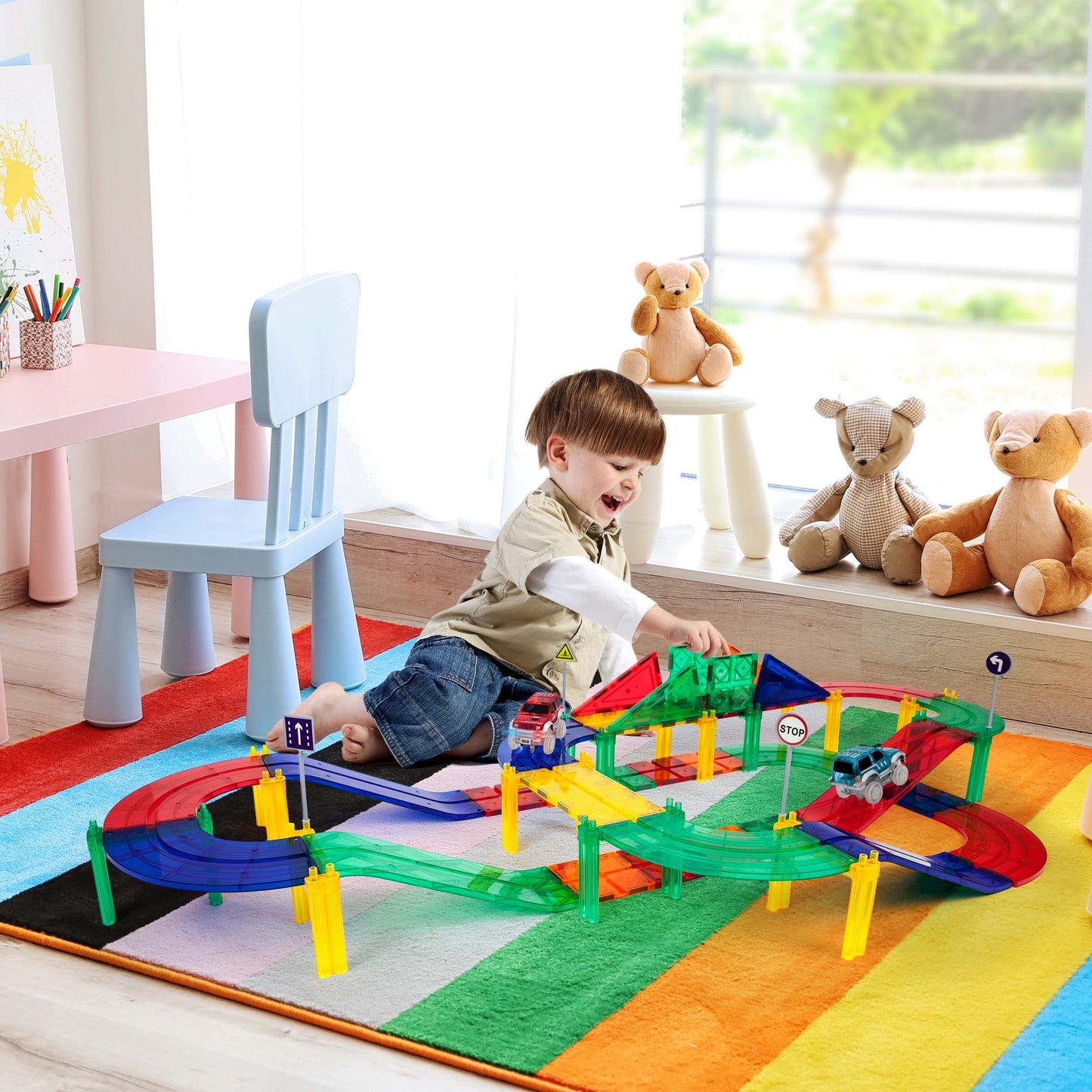 PicassoTiles 50pc Racecar Track Magnetic Tiles – STEM Preschool Toy for Kids 3+ | PTR50