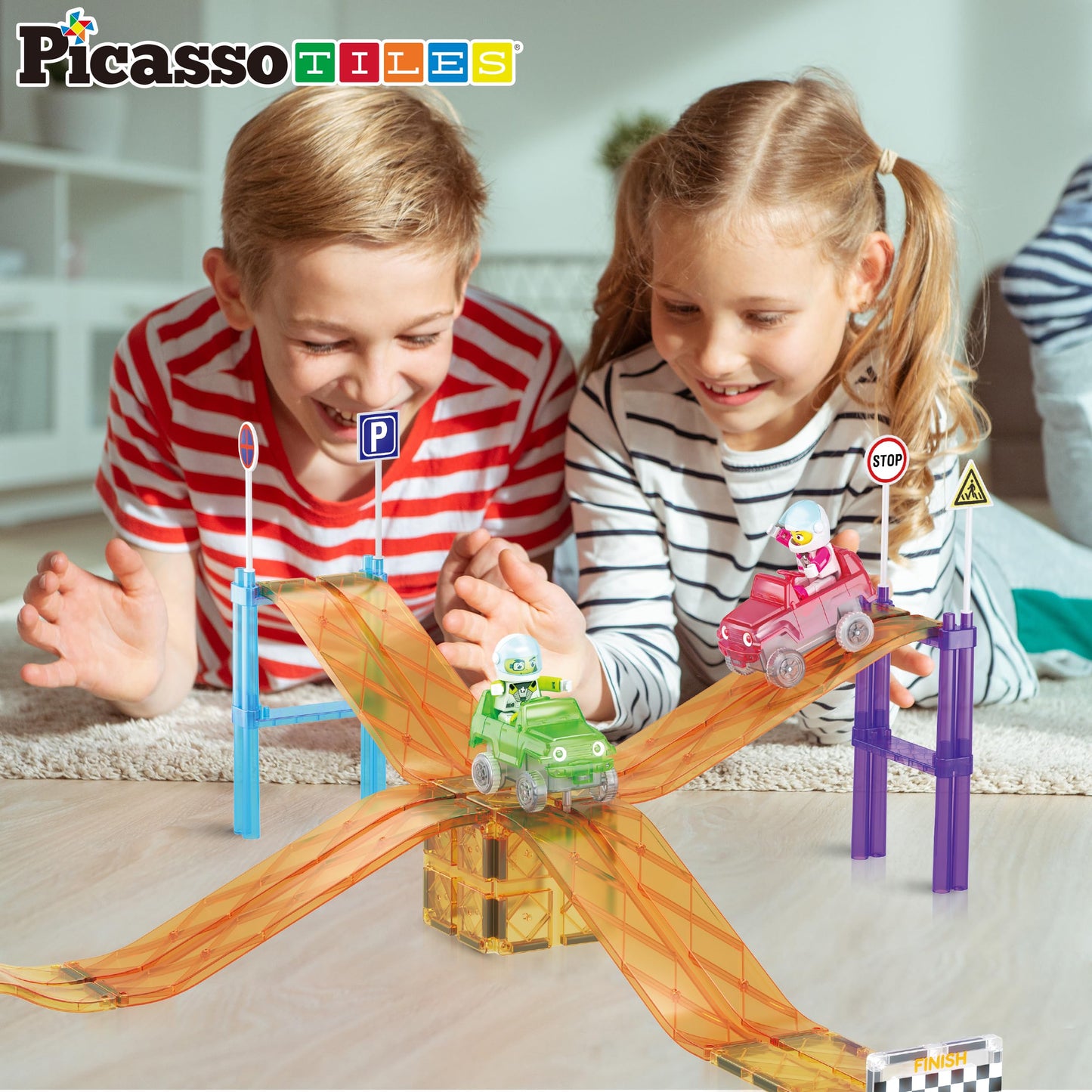 PicassoTiles Magnetic Race Track Car Slide – STEM Building Tiles & Imaginative Play for Kids 3+