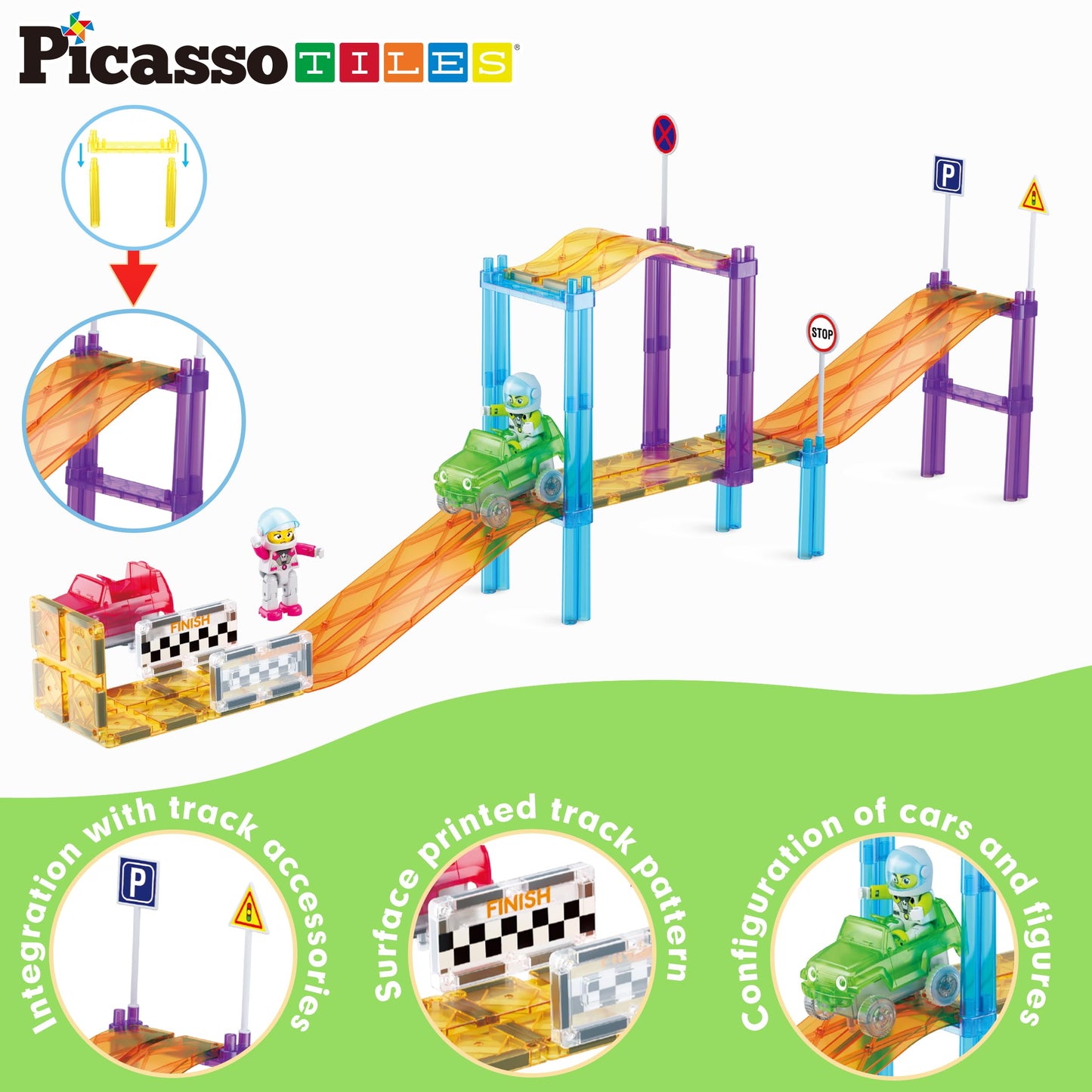 PicassoTiles Magnetic Race Track Car Slide – STEM Building Tiles & Imaginative Play for Kids 3+