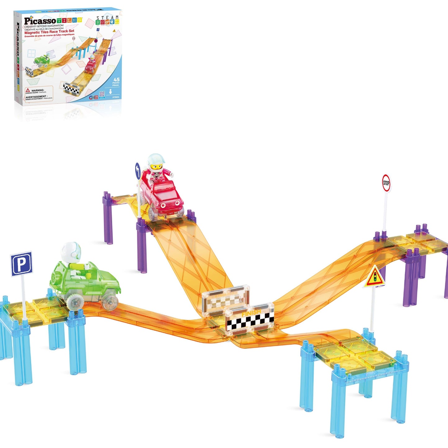 PicassoTiles Magnetic Race Track Car Slide – STEM Building Tiles & Imaginative Play for Kids 3+