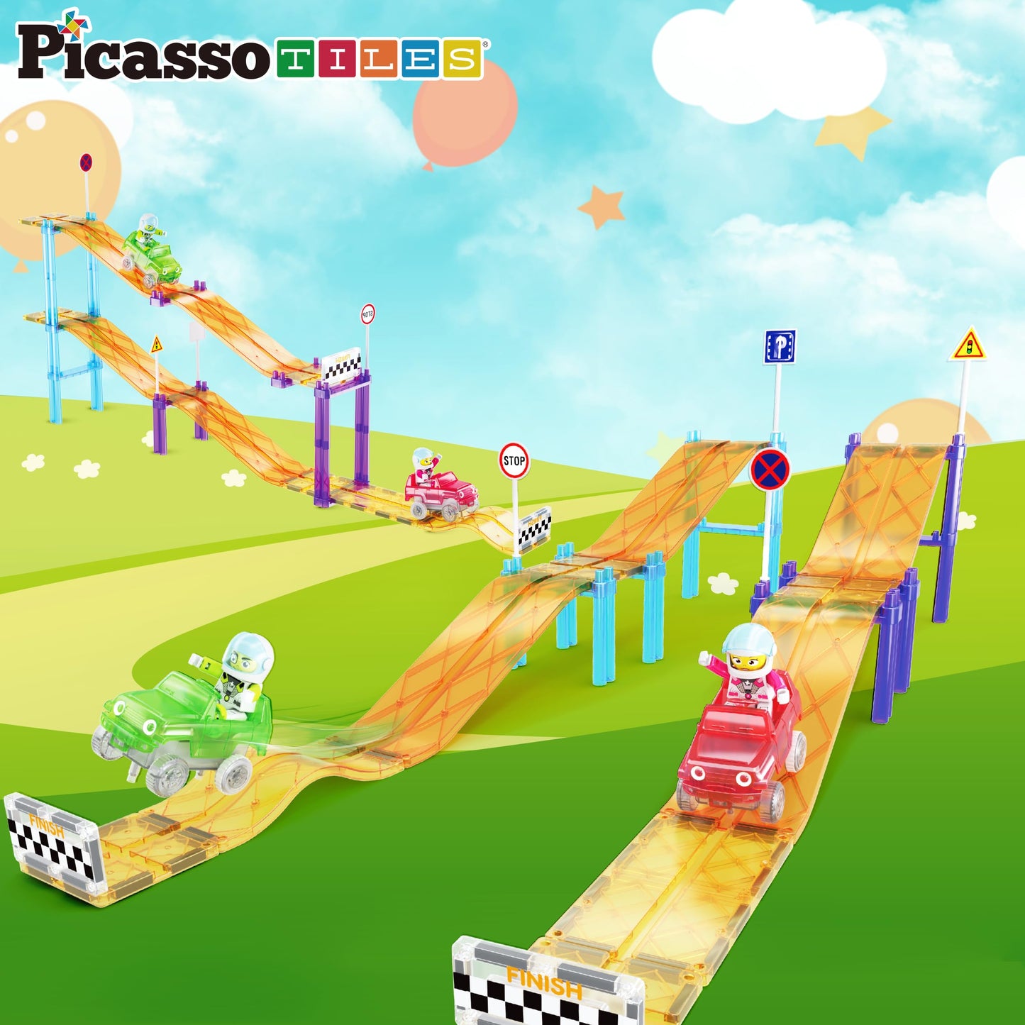 PicassoTiles Magnetic Race Track Car Slide – STEM Building Tiles & Imaginative Play for Kids 3+