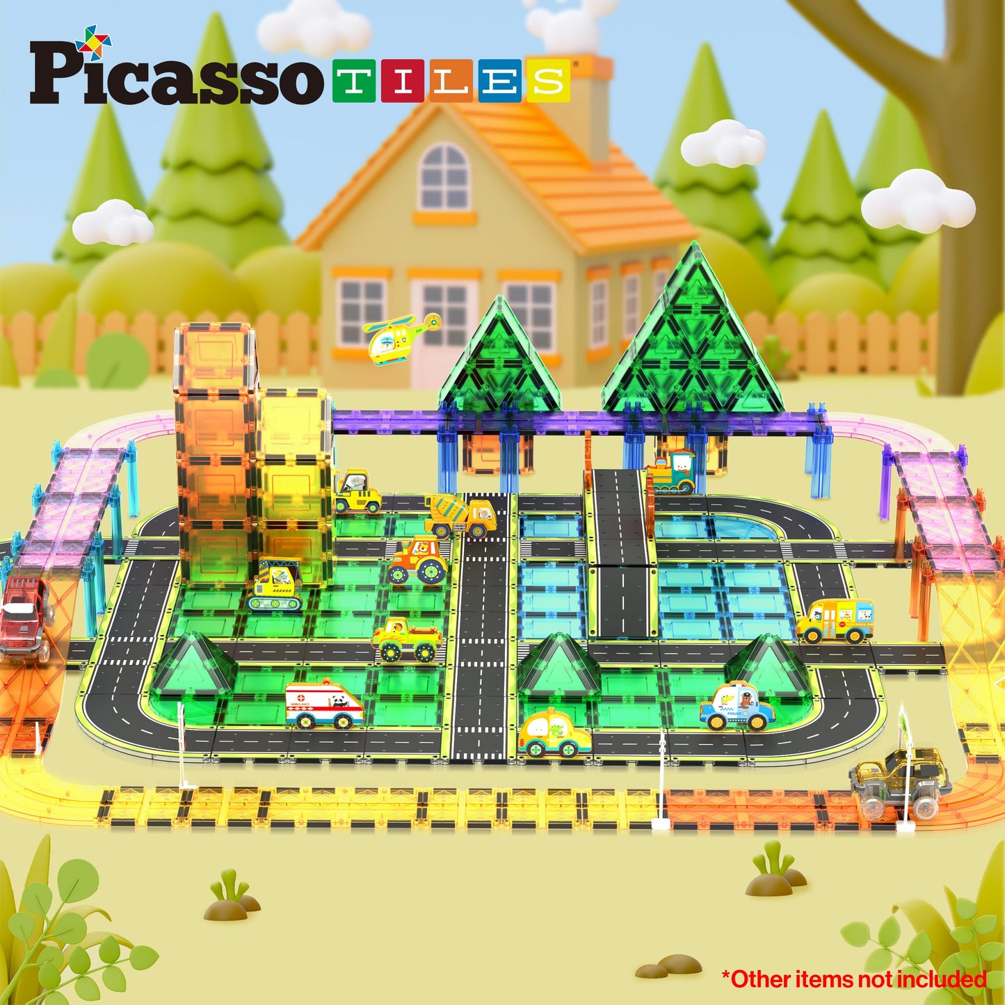 PicassoTiles Magnetic Car Track Set — 16 Printed Road Tiles for Creative STEM Play