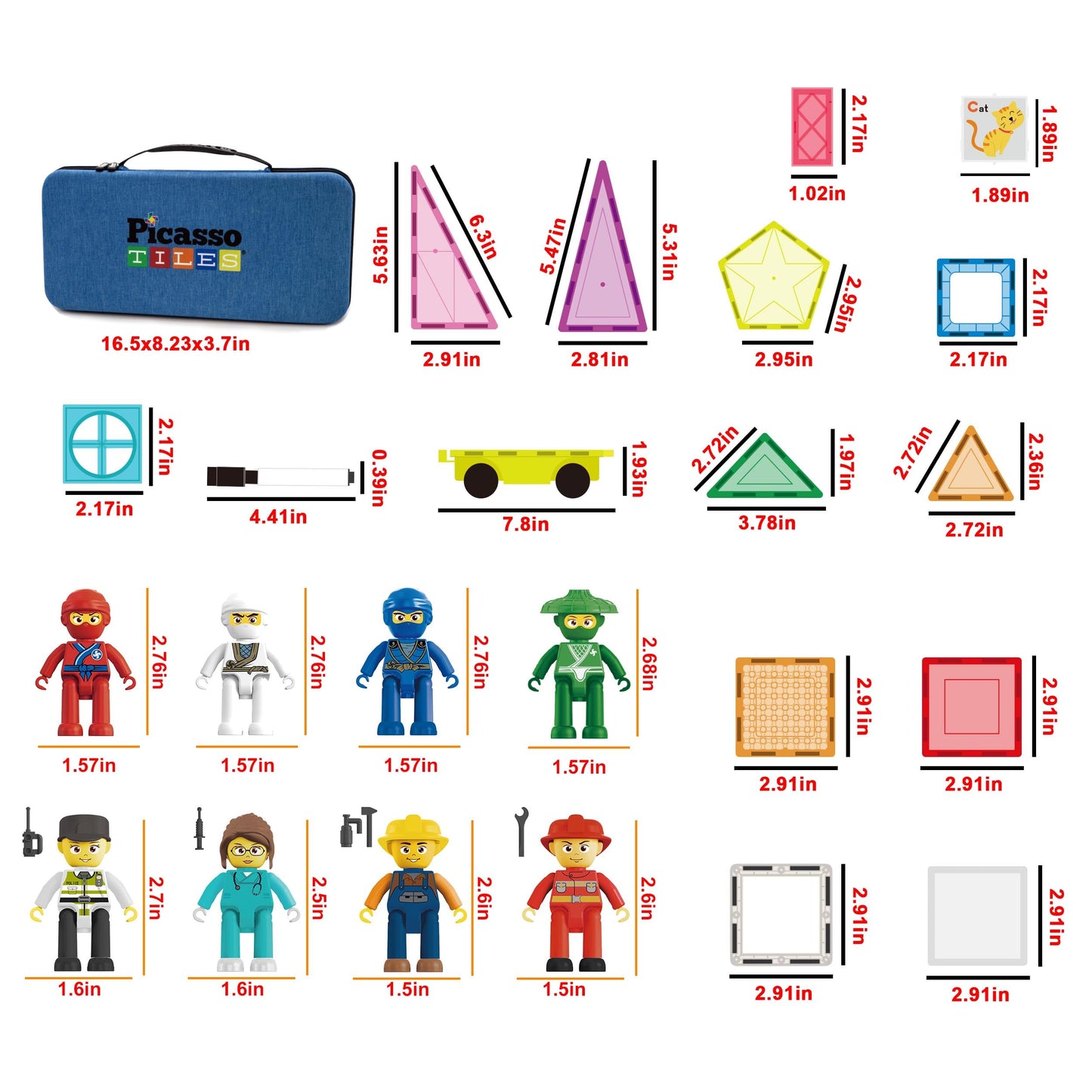PicassoTiles 100pc Magnetic Tile Set with Carry Case – Car Base, 8 Characters, Whiteboard Markers | STEM Learning PB01