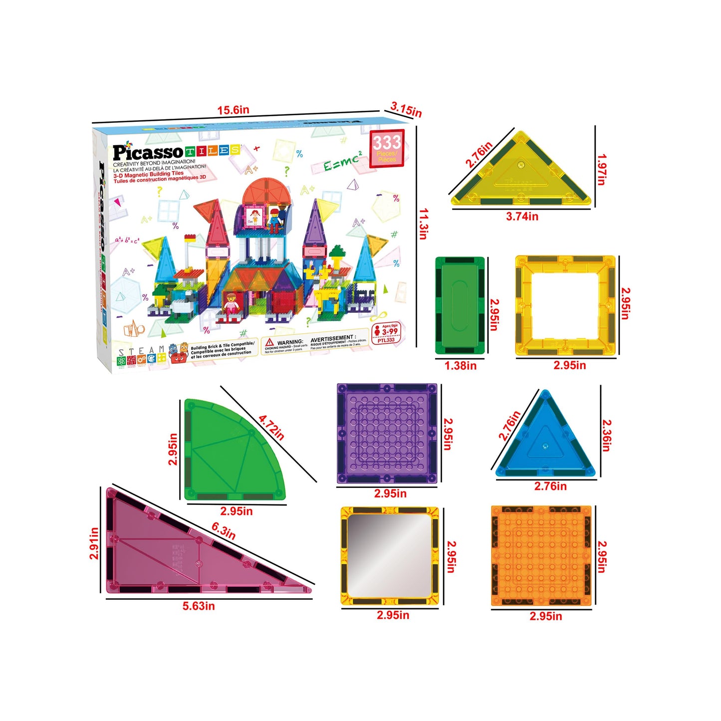 PicassoTiles 333pcs Magnetic Brick Tile Set & Magnetic Tile Combo – STEM Toys for Kids