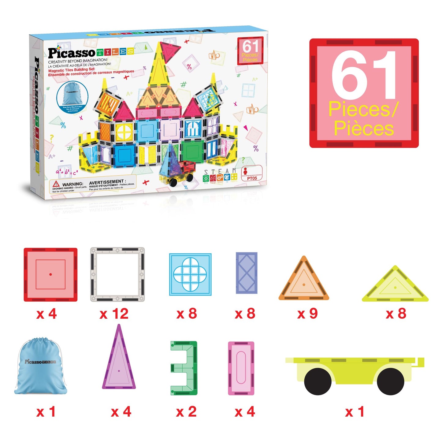 PicassoTiles 61-Piece Magnetic Tiles - STEM Building Blocks for Kids 3-12
