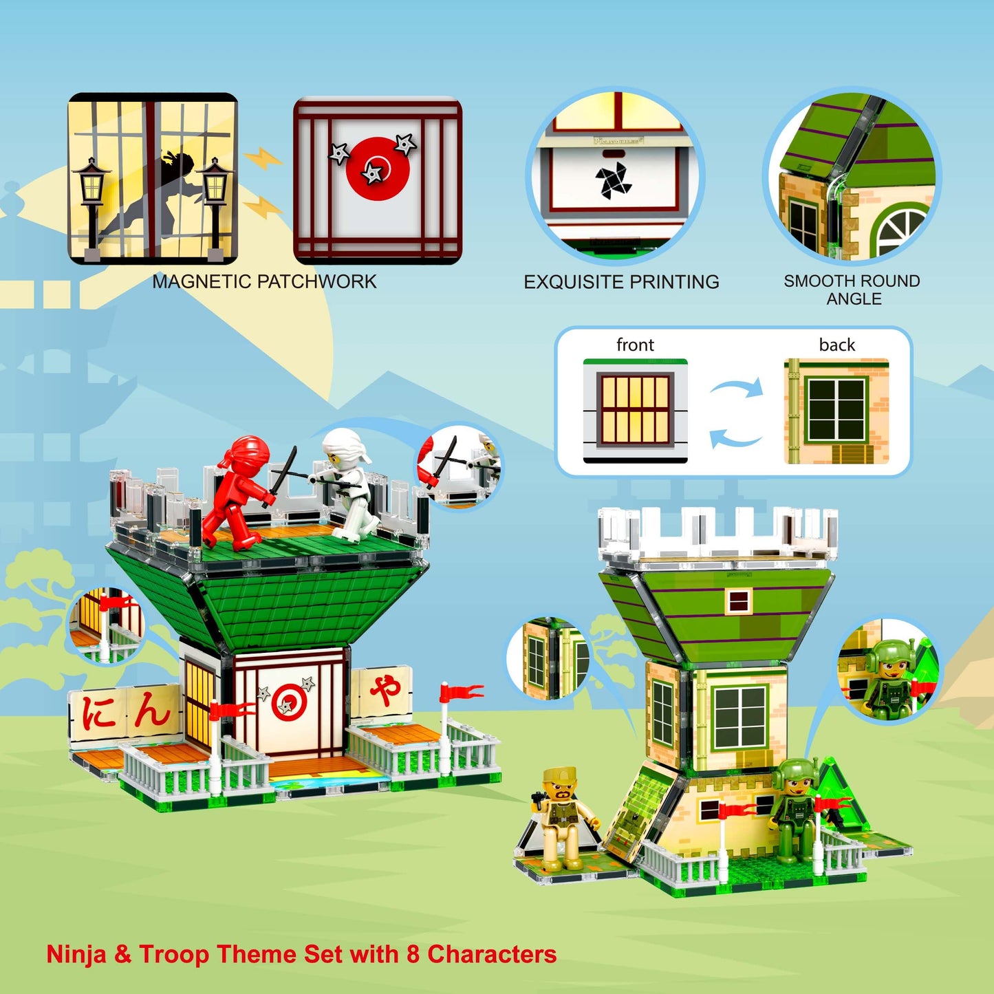 PicassoTiles 102pc Magnetic Tile Set – Ninja & Troop 2-in-1 with 8 Figures | STEM Building Play