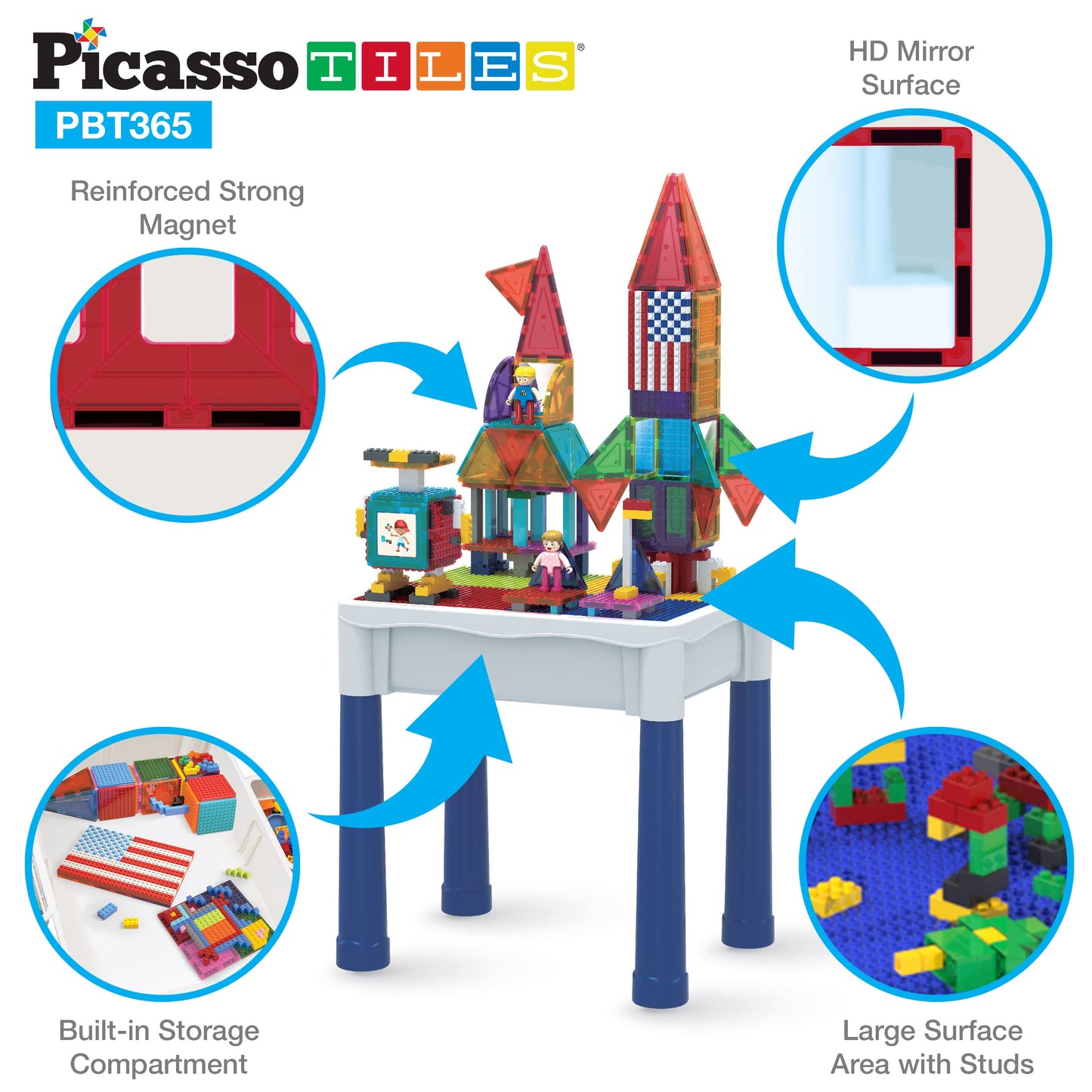 PicassoTiles 316-Piece Activity Table with Magnetic Tiles & Storage | STEM Toys for Ages 3+