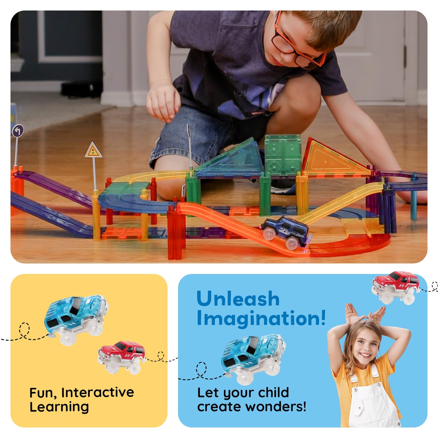 PicassoTiles Magnetic Race Track Car Playset with 2 Trucks PTR30