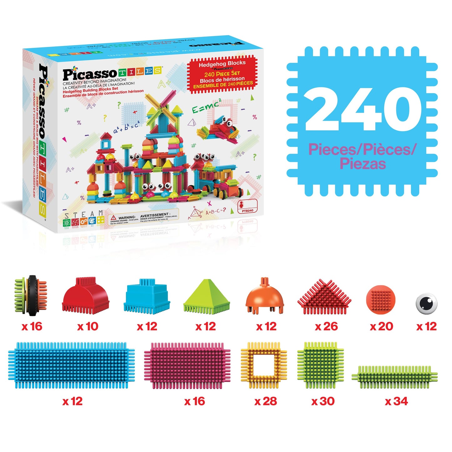 PicassoTiles Hedgehog Interlocking Blocks 240pcs | STEAM Building Set for Ages 3+