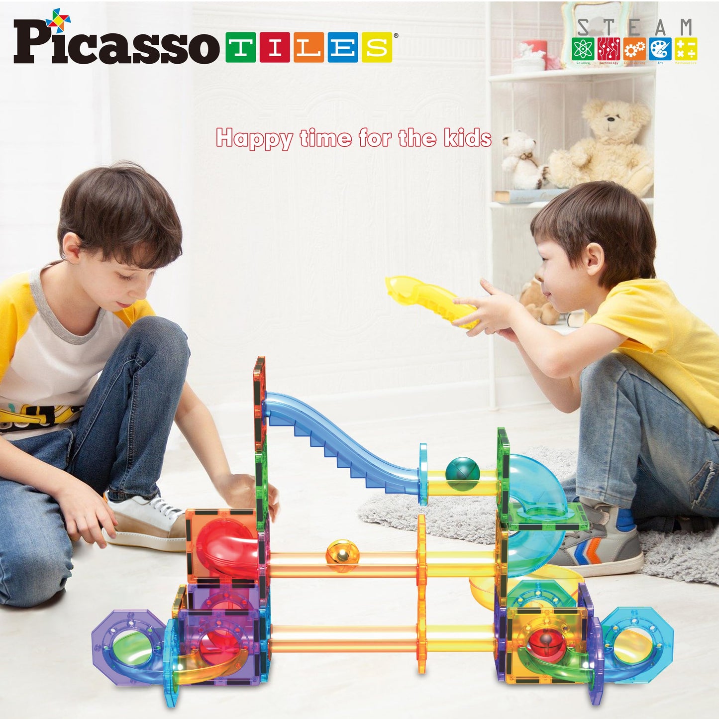 PicassoTiles Marble Run 60-Piece Race Track – Magnetic STEM Building Tiles Set PTG60