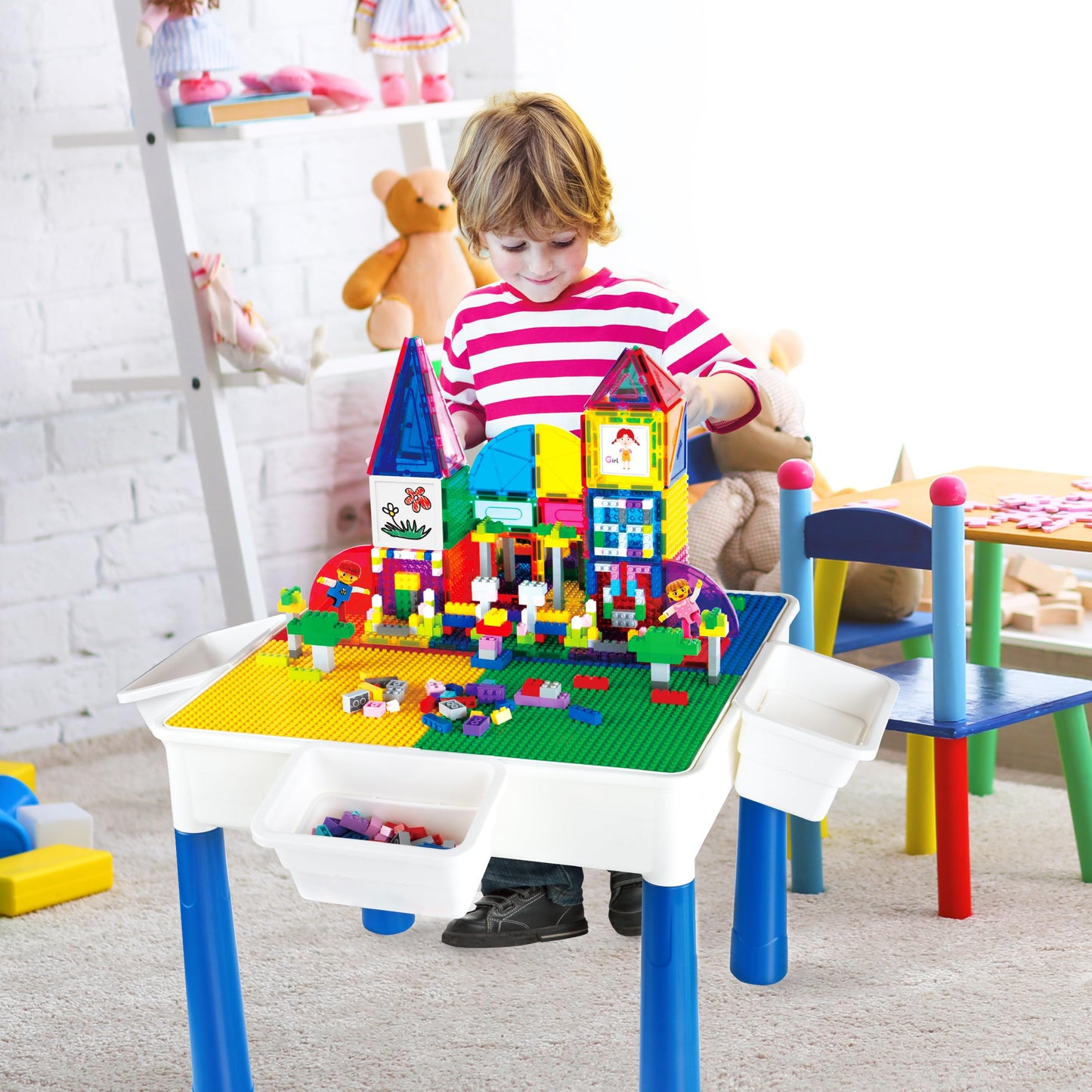 PicassoTiles 585pc Table Set: Magnetic Tiles, Bricks & Whiteboard Desk for STEM Play