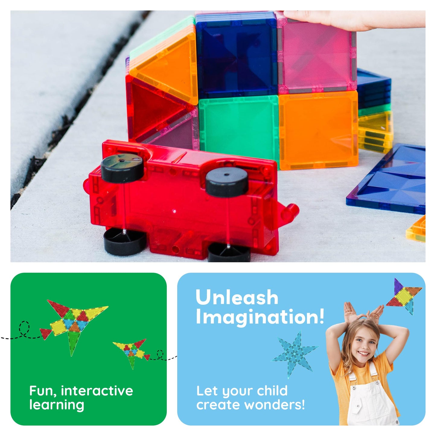 PicassoTiles 2 Piece Car Truck Construction Kit – Magnetic Blocks for STEM Learning, Reinforced Hitch & Long Bed
