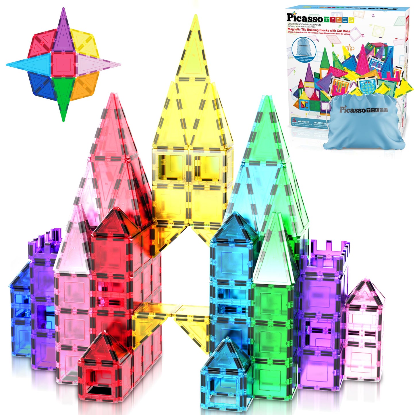 PicassoTiles Magnet Tile Building Blocks with Car Base & Drawstring Bag – 61 Pc STEM Toy (Ages 3+)