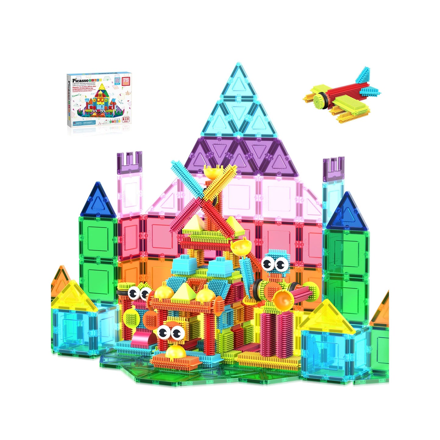 PicassoTiles Magnetic Tiles & Hedgehog 2-in-1 Set – STEM Building Toys for Ages 3+