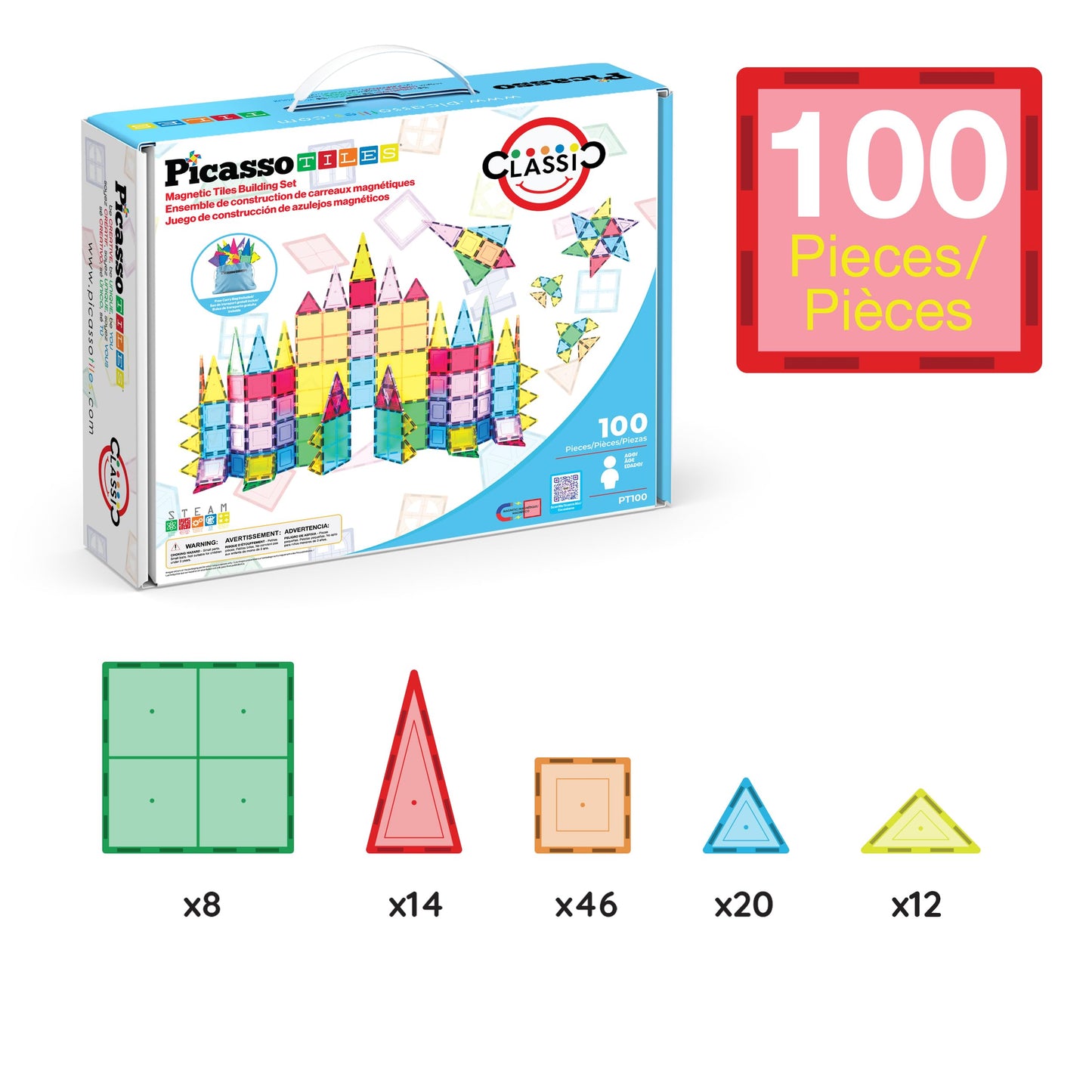 PicassoTiles 100 Piece Magnetic Tile Set | Clear 3D Building Blocks for Creative Learning