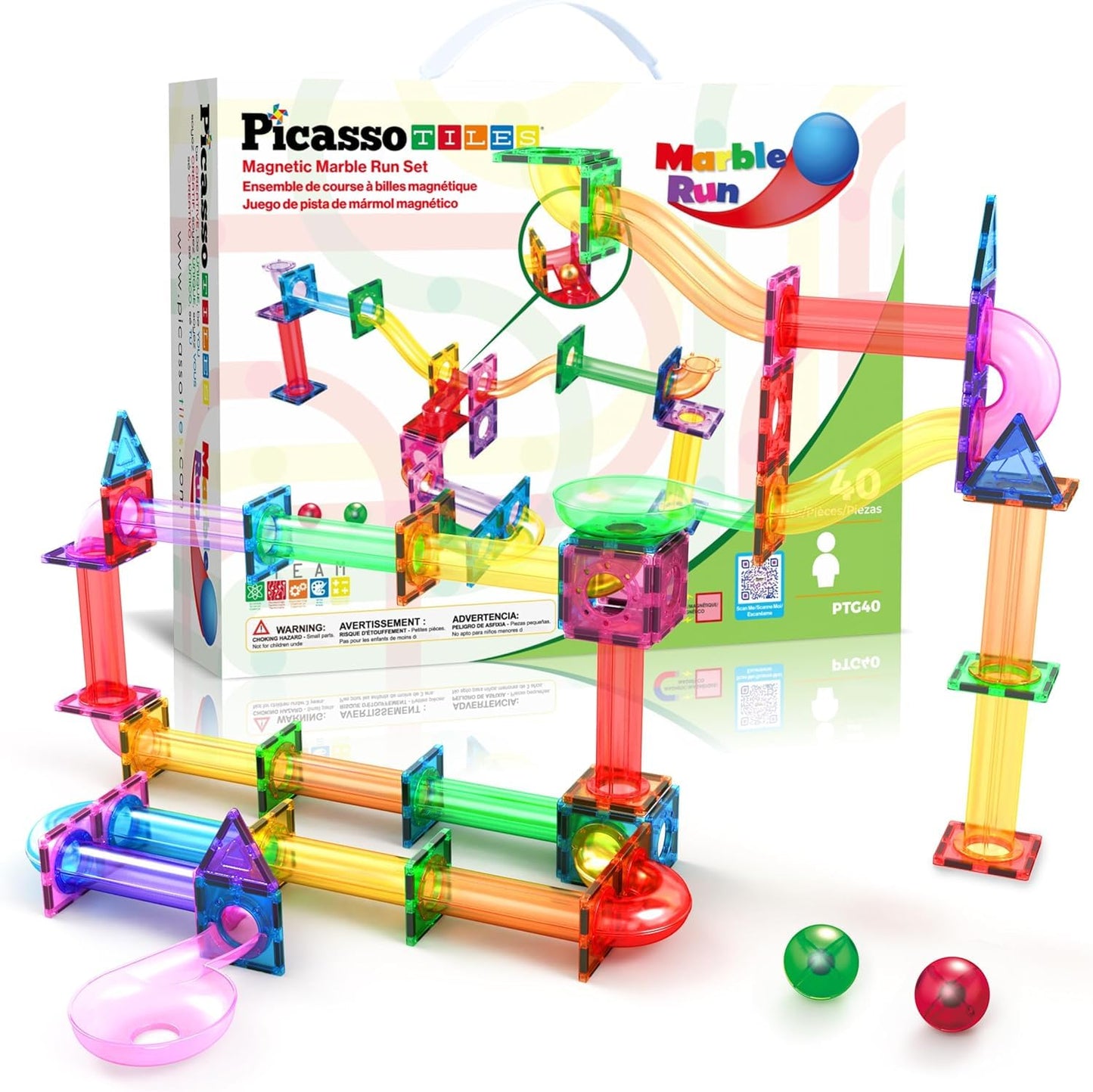 PicassoTiles Magnetic Marble Run Set – Rainbow Color Tiles, 40-Piece STEM Kit for Kids 3+