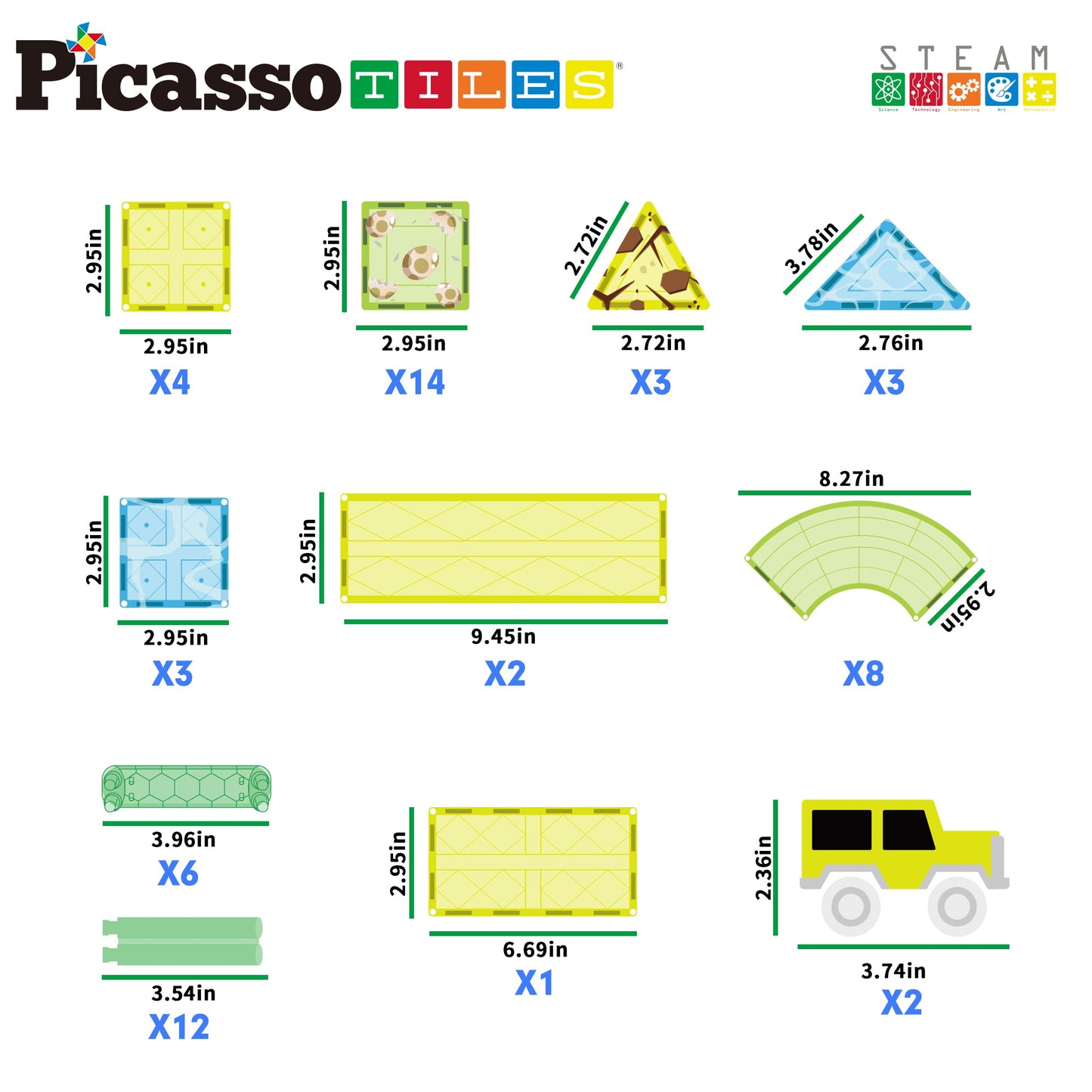 PicassoTiles Dinosaur Magnetic Tiles Racecar Track – 89-Piece Educational Building Blocks PTR02