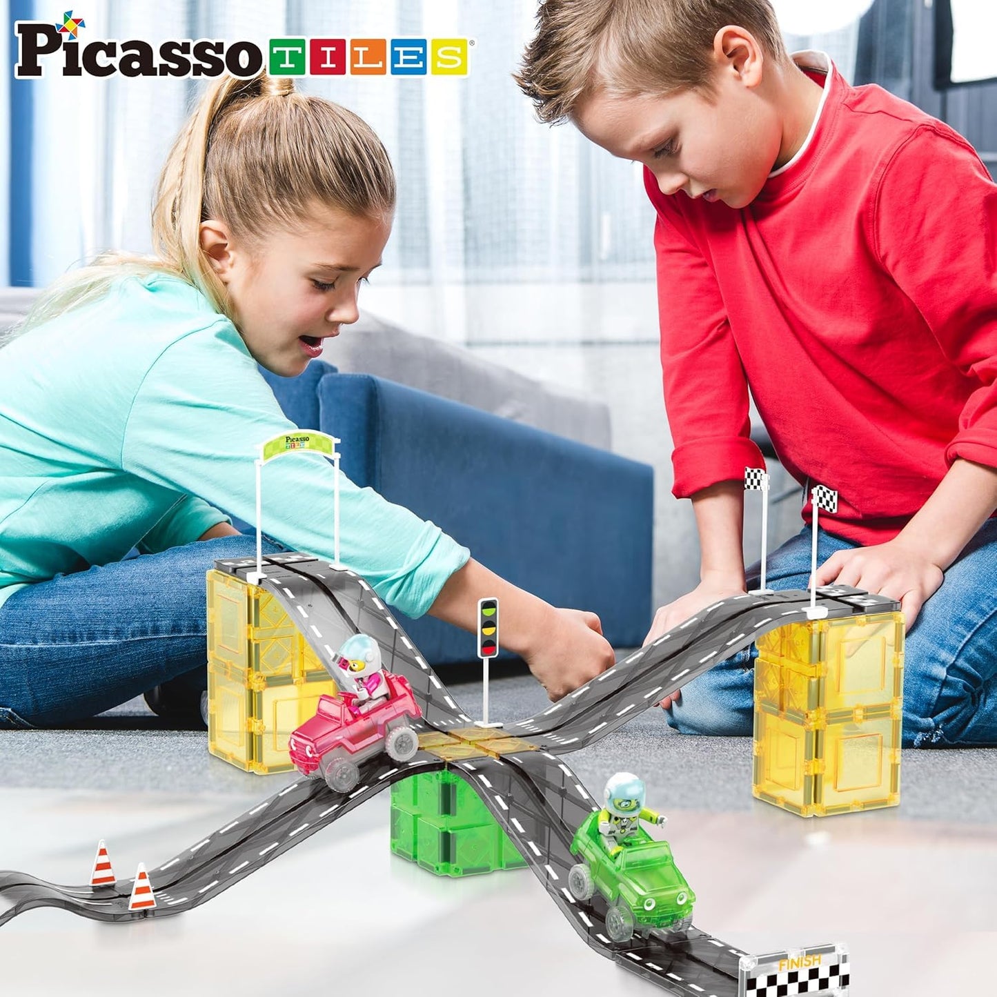 PicassoTiles Magnet Tile Race Car Track Kit PTR05 – STEM Building Blocks