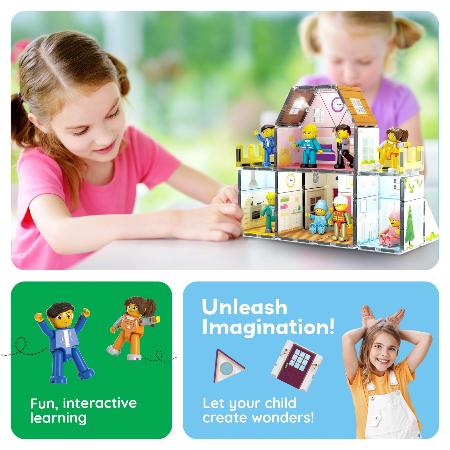 PicassoTiles Magnet Tile Family Homestead Doll House Playset with 8 Character Figures, Double-Sided Tiles, STEM Learning Kit PTQ06