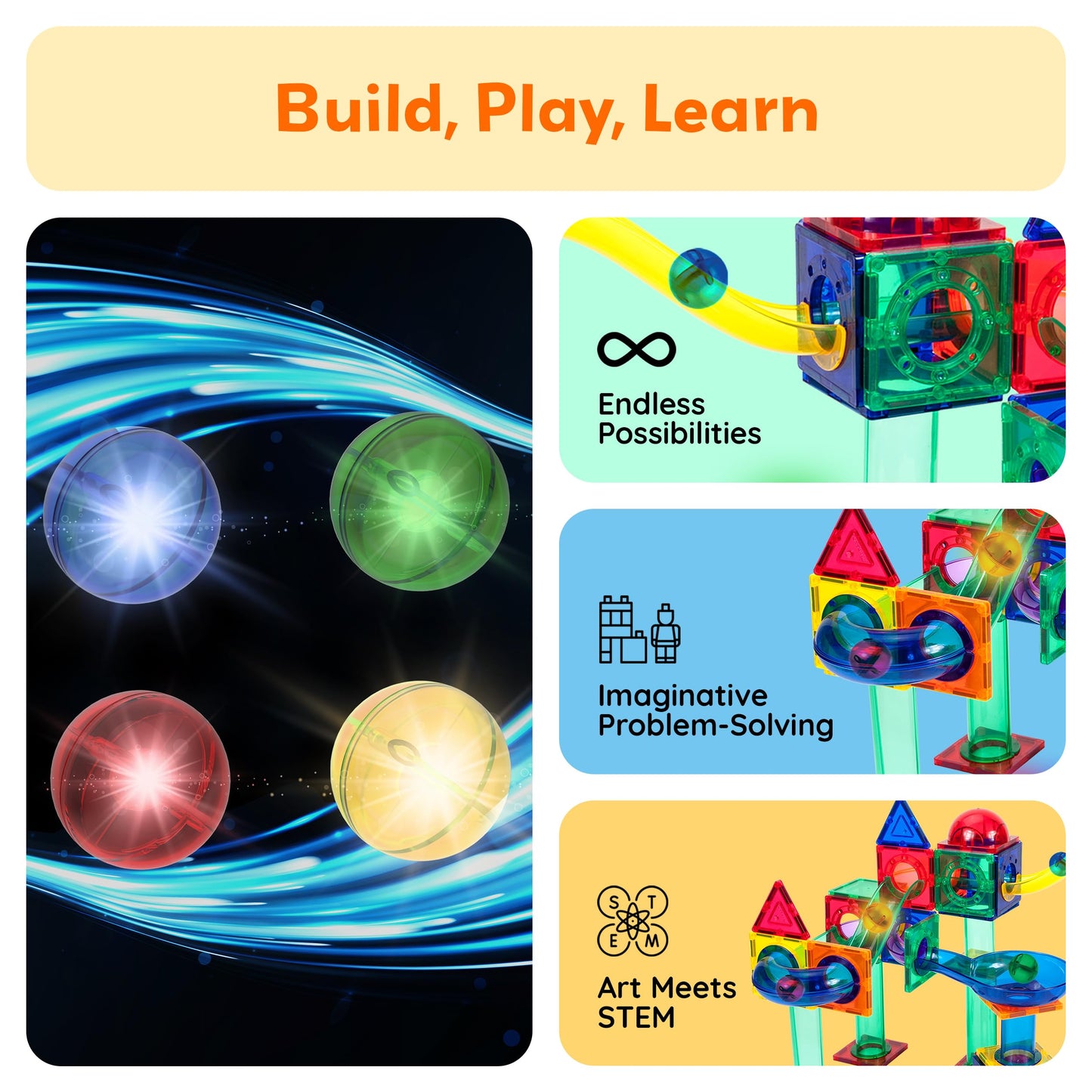 PicassoTiles Motion Activated Marbles – LED Glow-in-the-Dark 4pc Marble Run Accessory