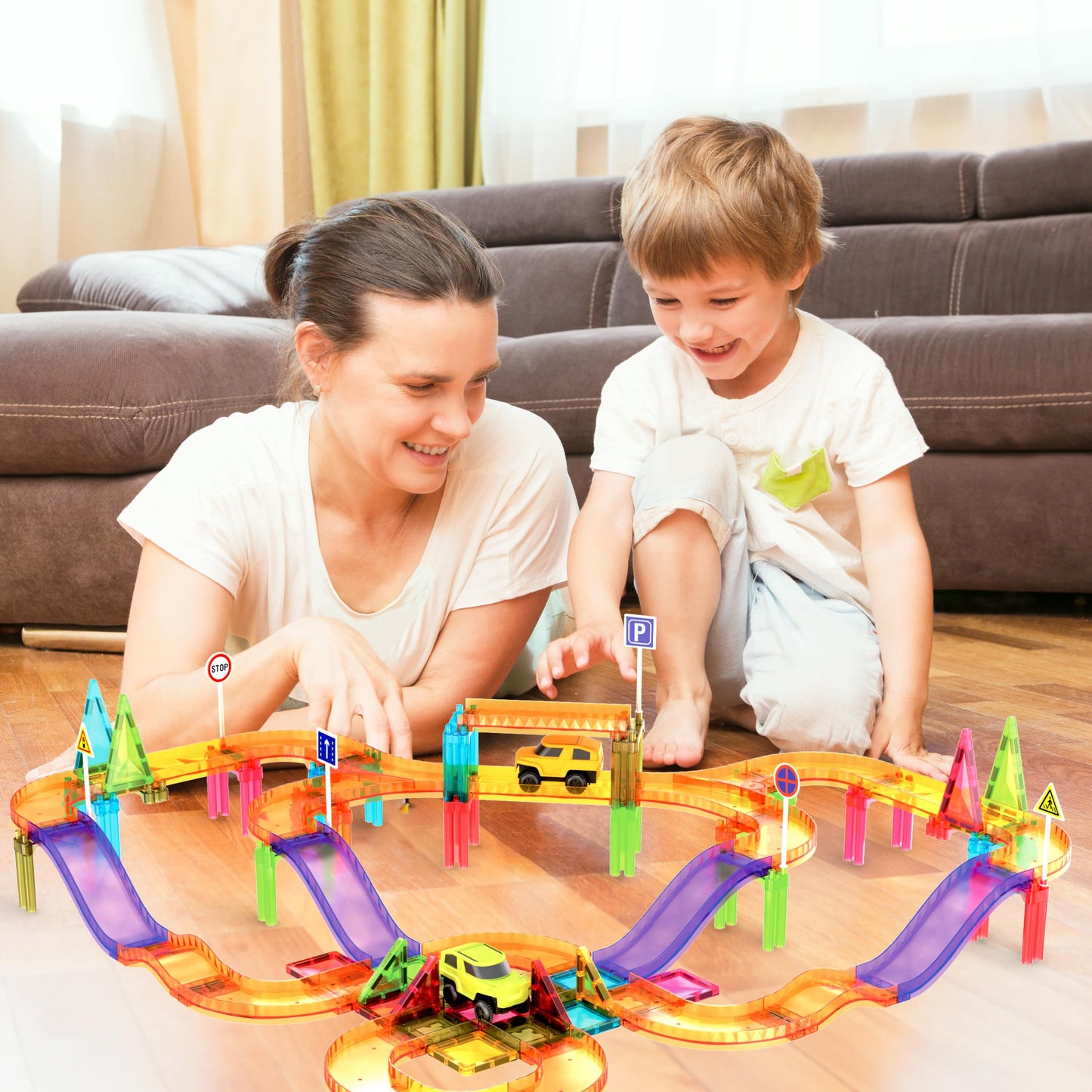 PicassoTiles 60pc Magnetic Race Car Track Set – STEM Building Blocks for Kids