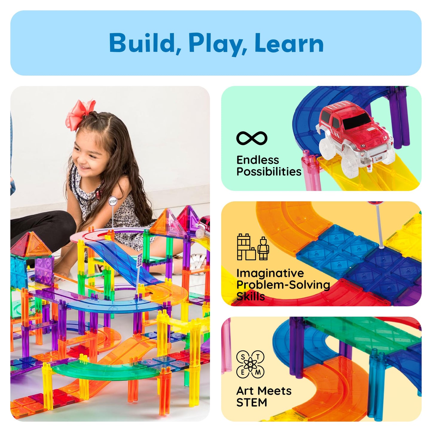 PicassoTiles 128-Piece Magnetic Race Car Track | LED Cars, STEM Learning Toy for Kids 3+