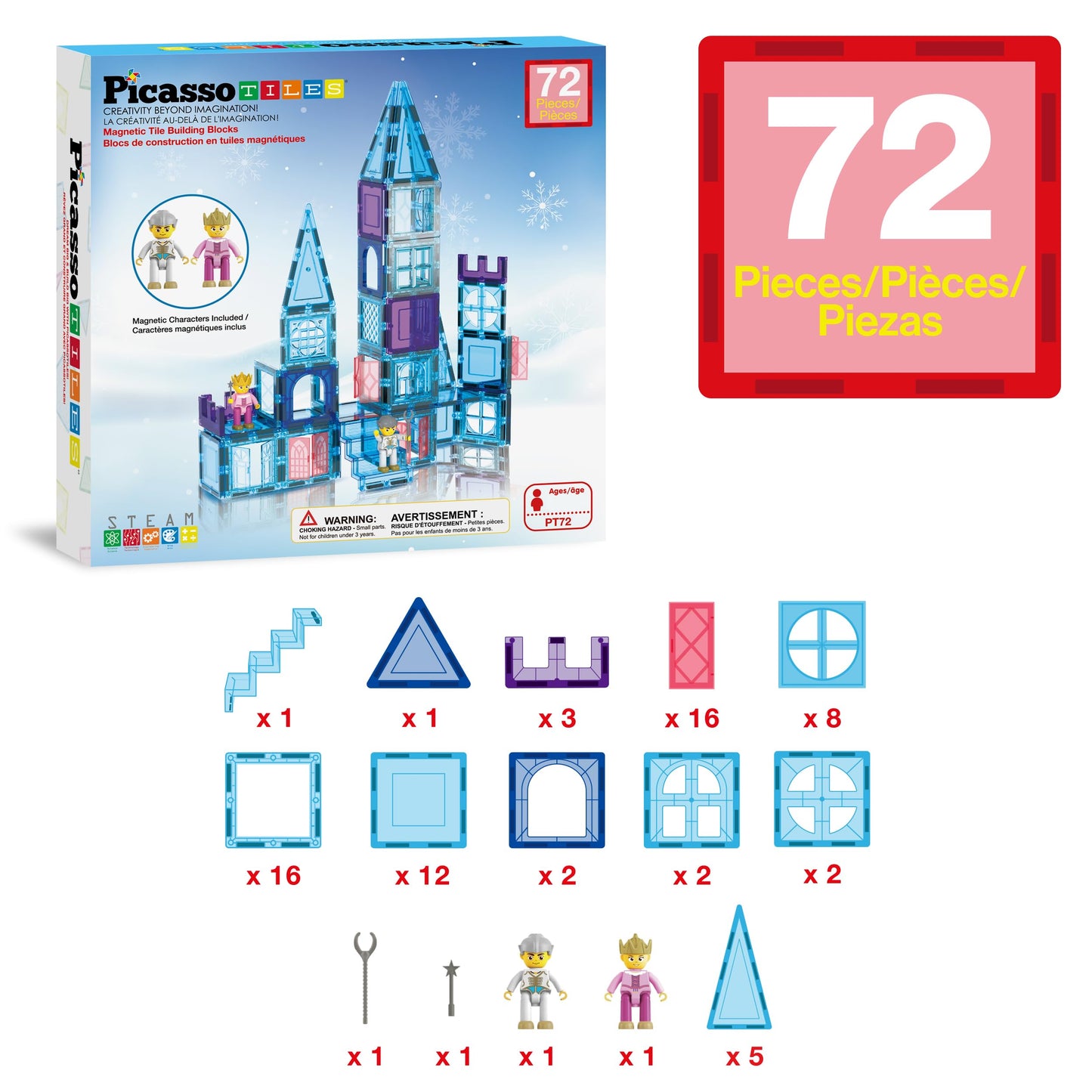 PicassoTiles 72-Piece Magnetic Building Tiles: Castle Winter Ice Theme