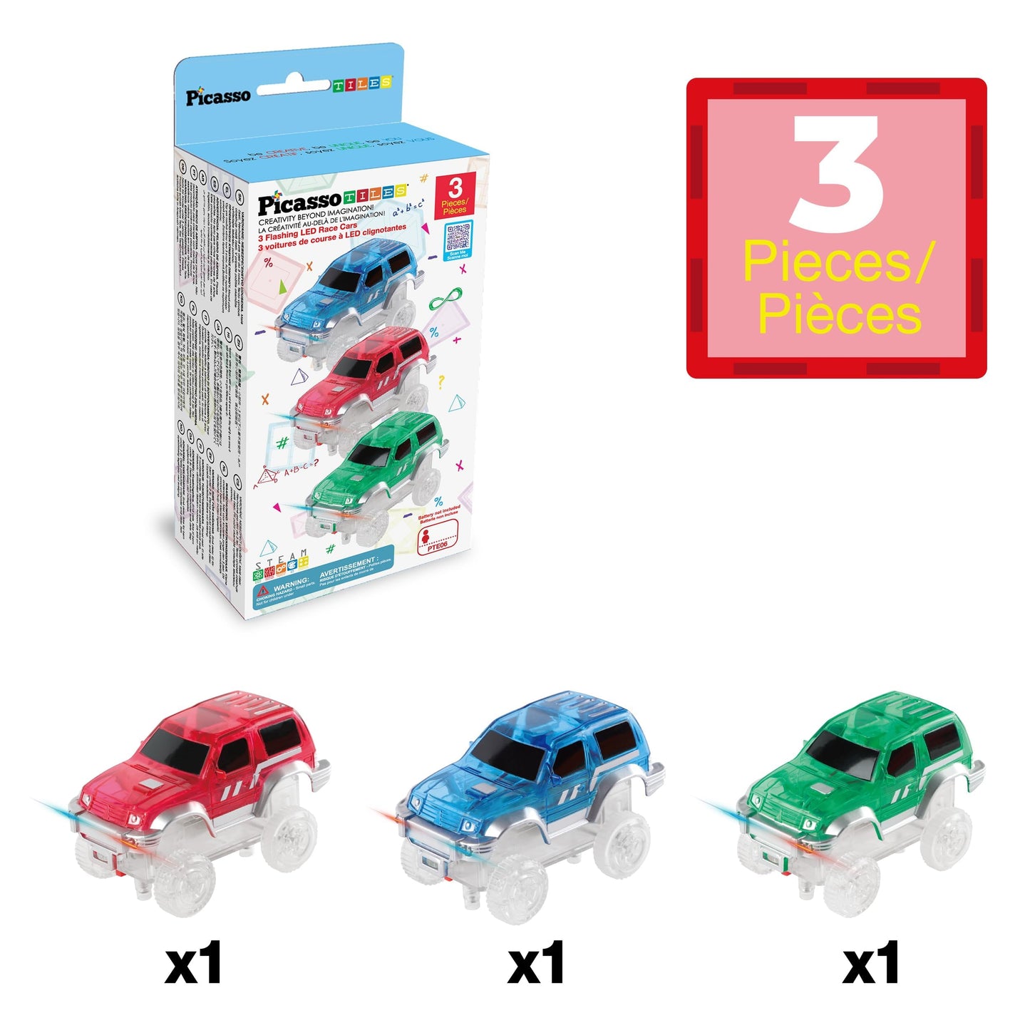 PicassoTiles 3 LED Magnetic Race Cars Set | Lights, STEM Building Kit for Kids 3+