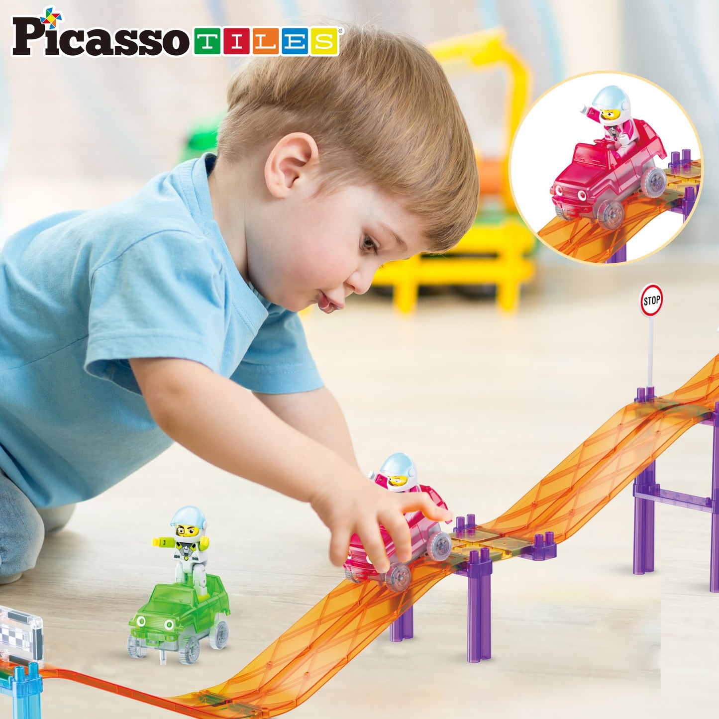 PicassoTiles Magnetic Race Track Car Slide – STEM Building Tiles & Imaginative Play for Kids 3+