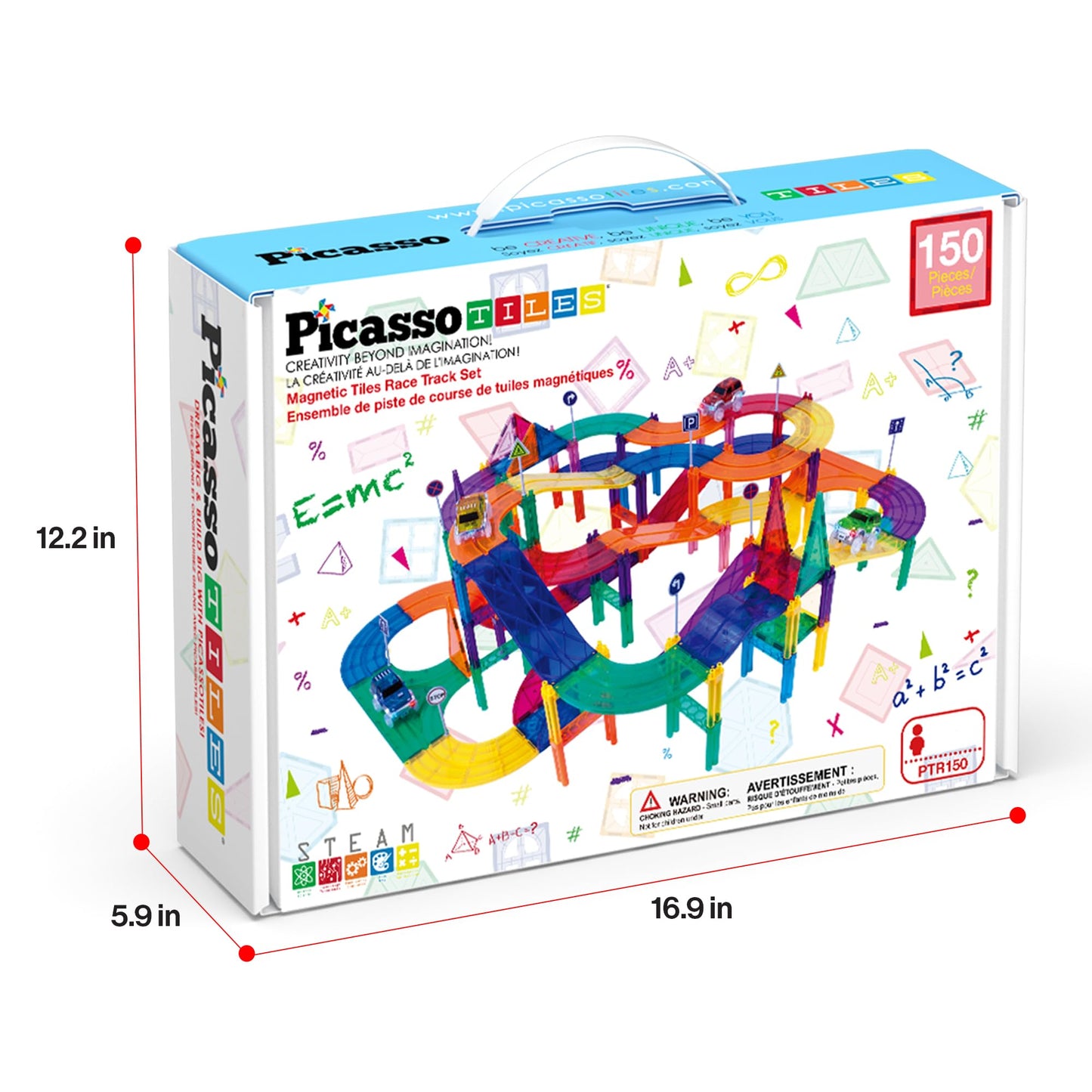 PicassoTiles 150-Piece Race Car Track Magnetic Tile STEM Toy Set with 4 Cars