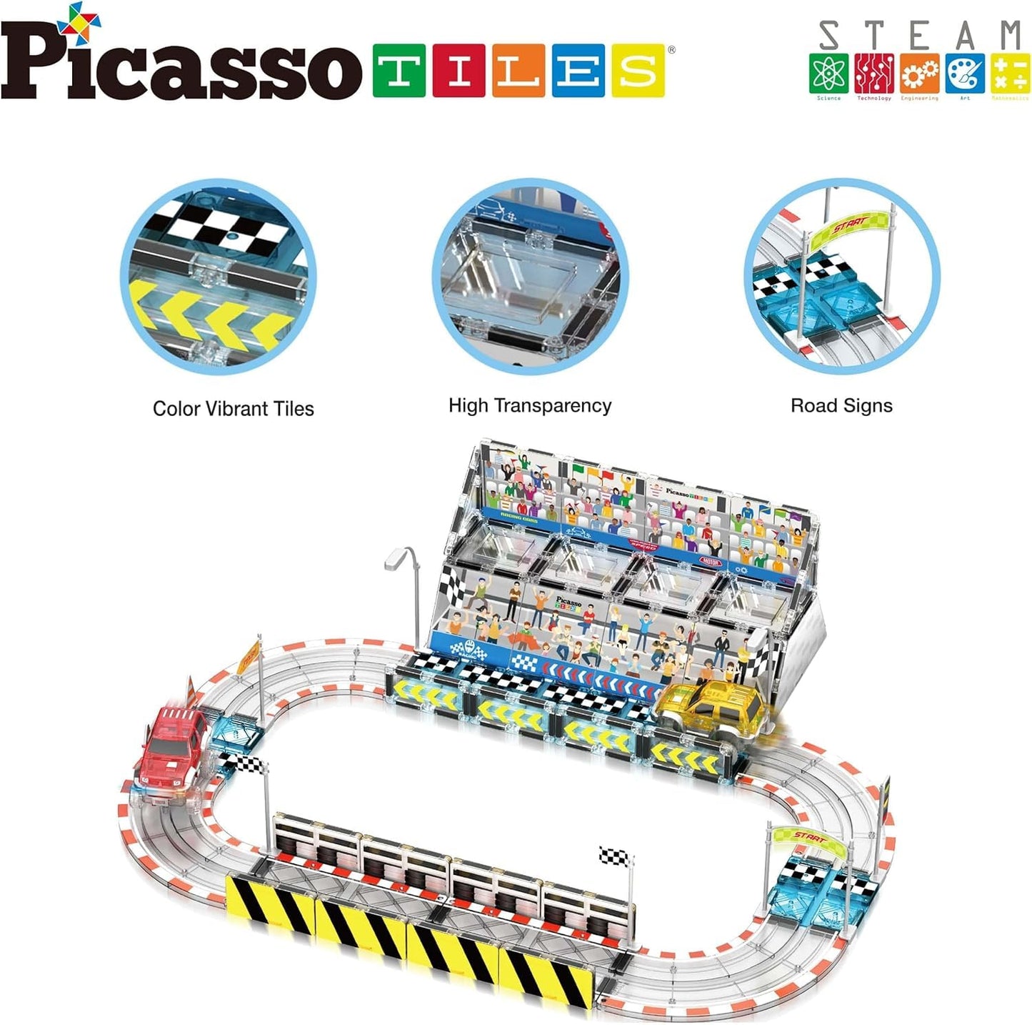 PicassoTiles Magnetic Race Track Set with 2 Trucks – STEM Building Toy PTQ05 | Kids 3+
