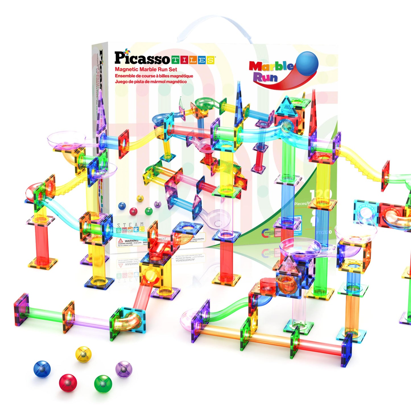 PicassoTiles 120pc Magnetic Tile Marble Run Set – STEM Construction Toy for Kids 3+ PTG120