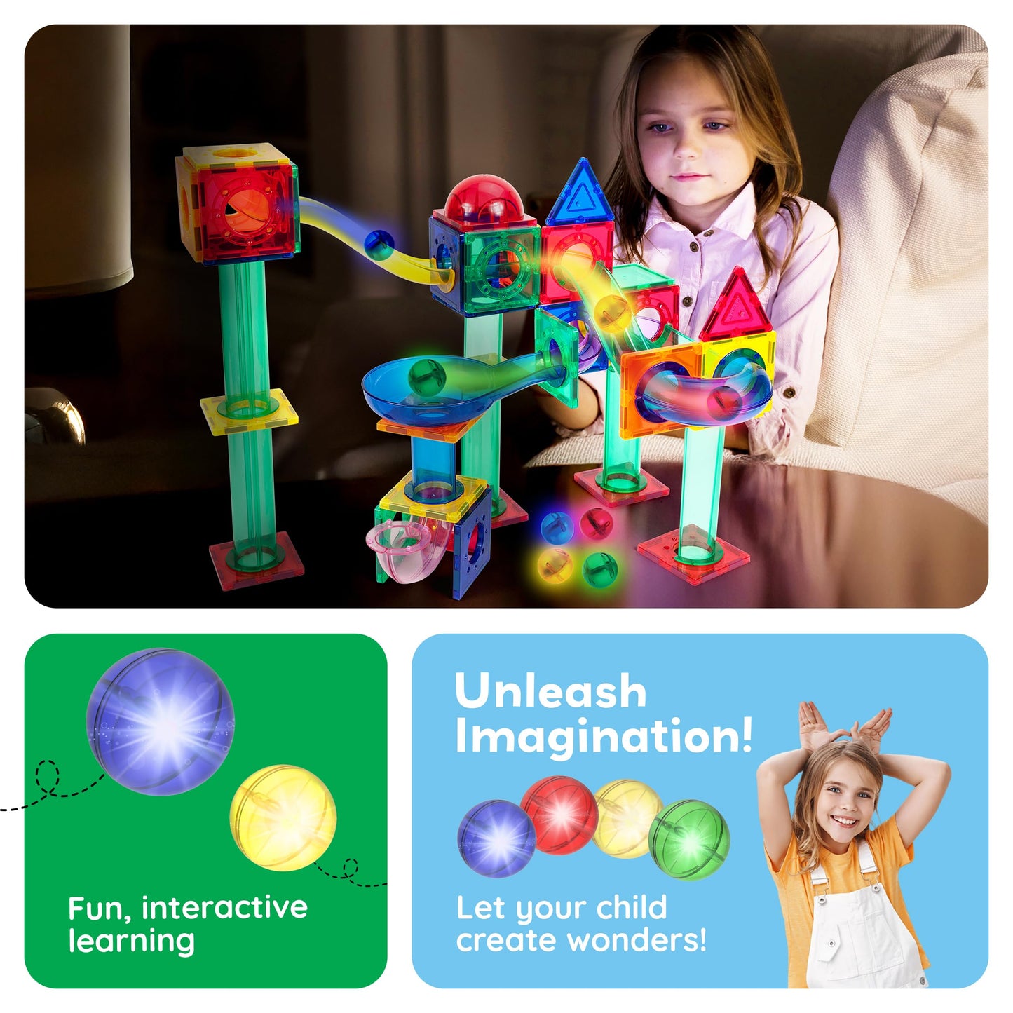 PicassoTiles Motion Activated Marbles – LED Glow-in-the-Dark 4pc Marble Run Accessory