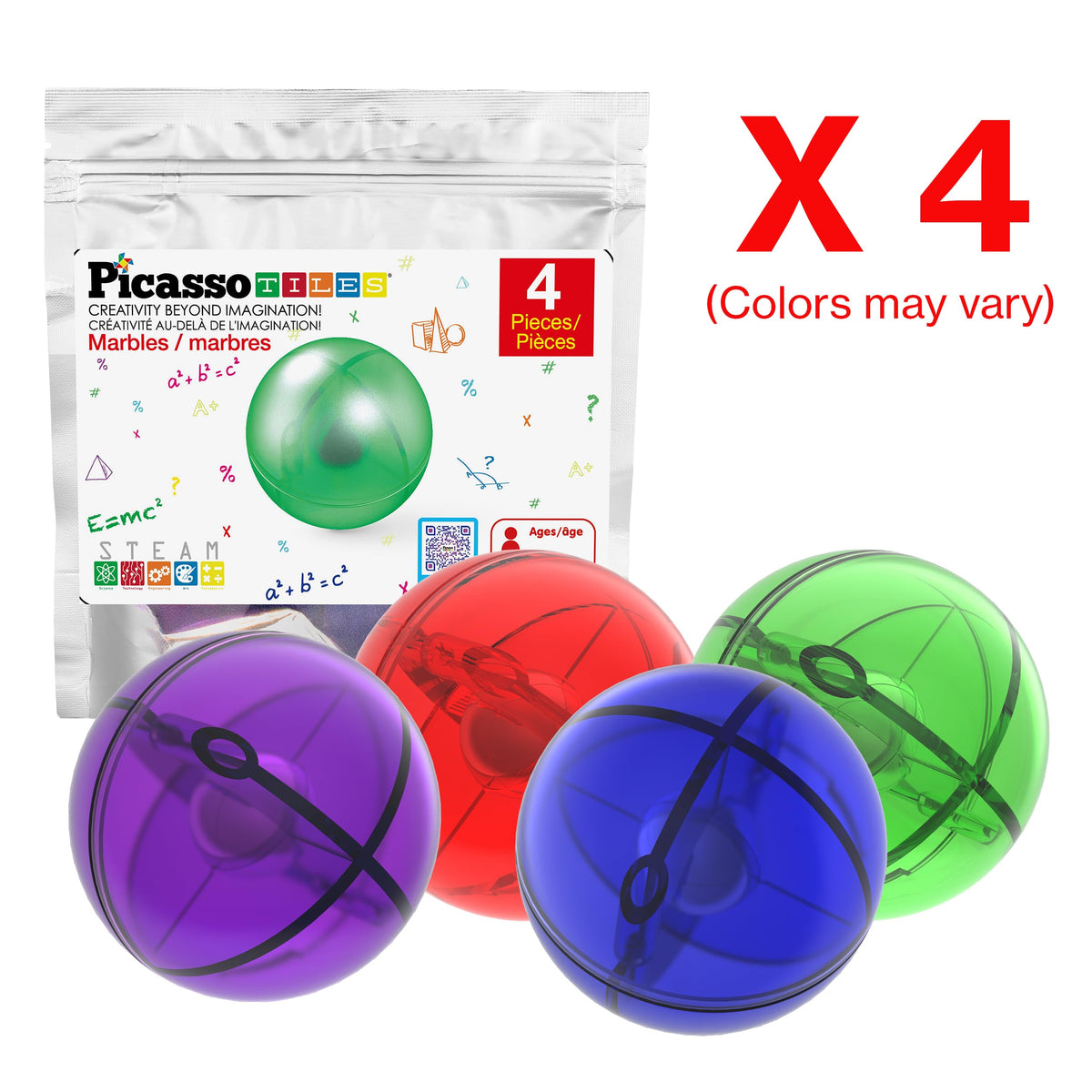 PicassoTiles 4pc Marbles for Magnetic Block Tiles – Marble Run & STEM Building Toy for Ages 3+