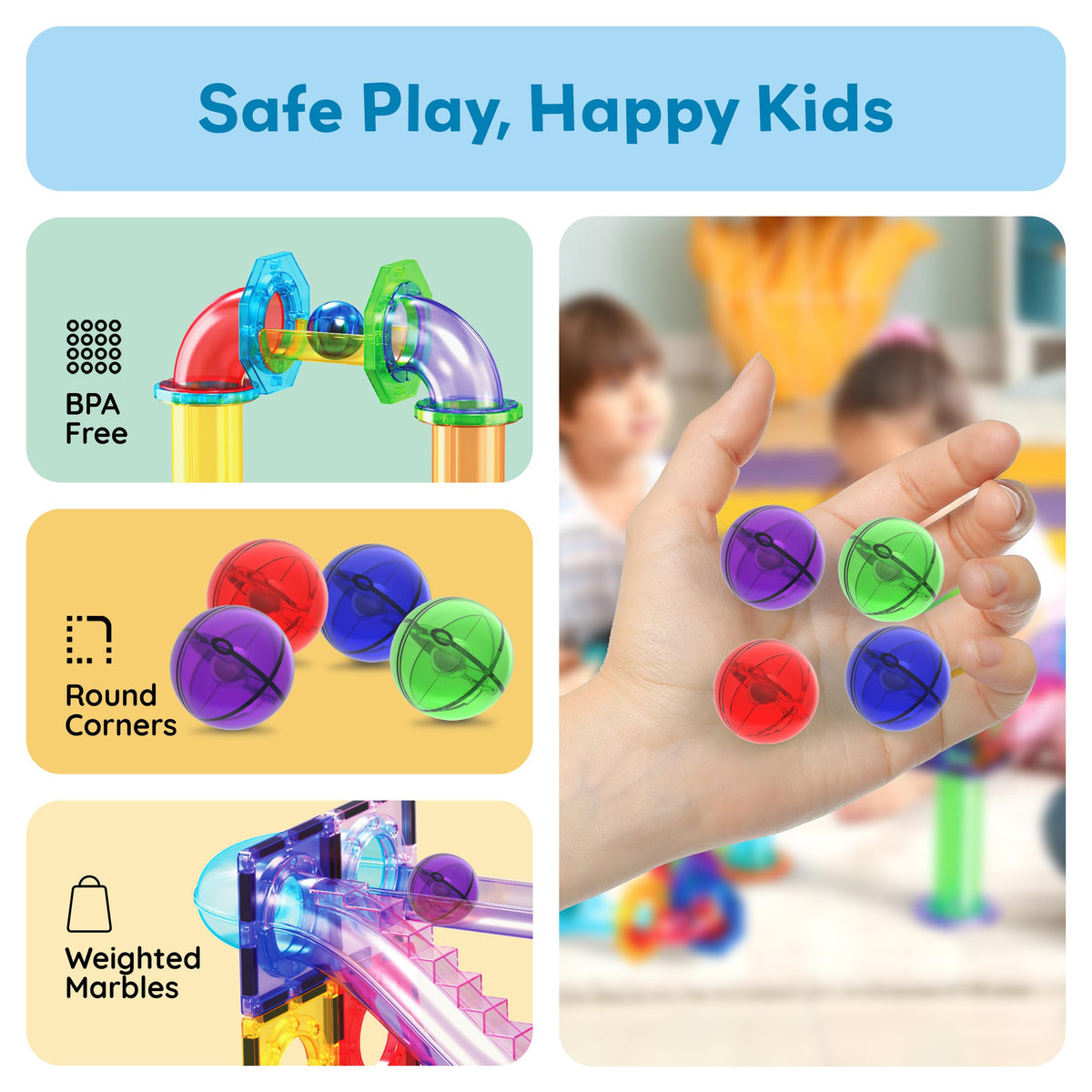 PicassoTiles 4pc Marbles for Magnetic Block Tiles – Marble Run & STEM Building Toy for Ages 3+
