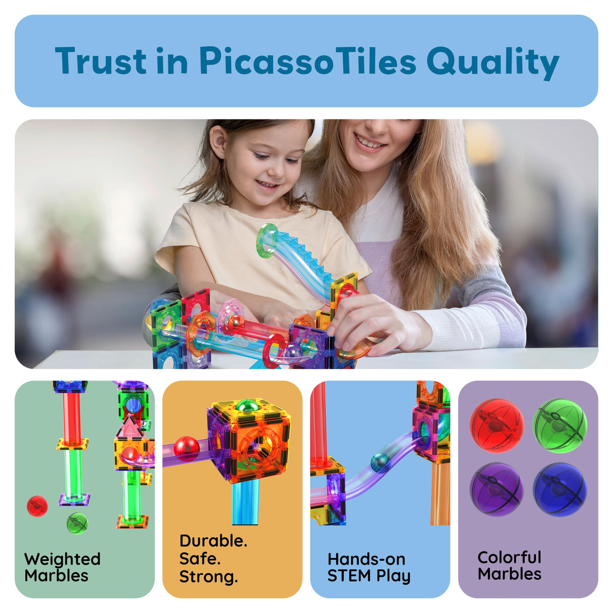 PicassoTiles 4pc Marbles for Magnetic Block Tiles – Marble Run & STEM Building Toy for Ages 3+