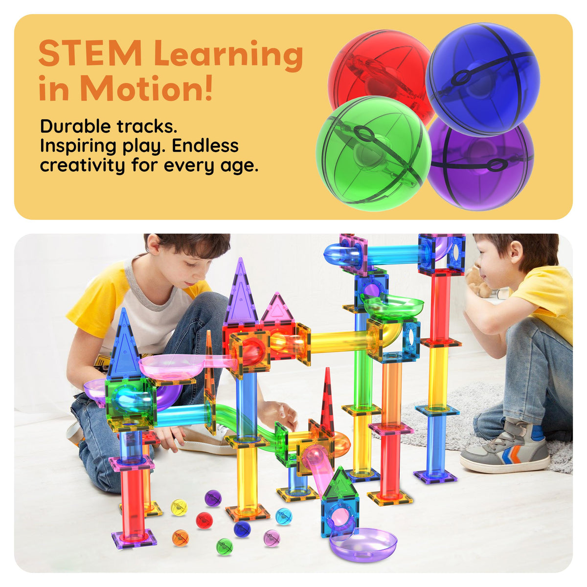 PicassoTiles 4pc Marbles for Magnetic Block Tiles – Marble Run & STEM Building Toy for Ages 3+