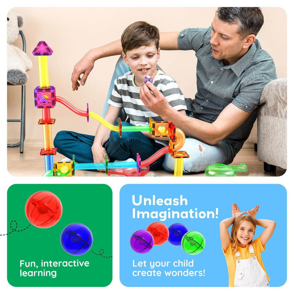 PicassoTiles 4pc Marbles for Magnetic Block Tiles – Marble Run & STEM Building Toy for Ages 3+