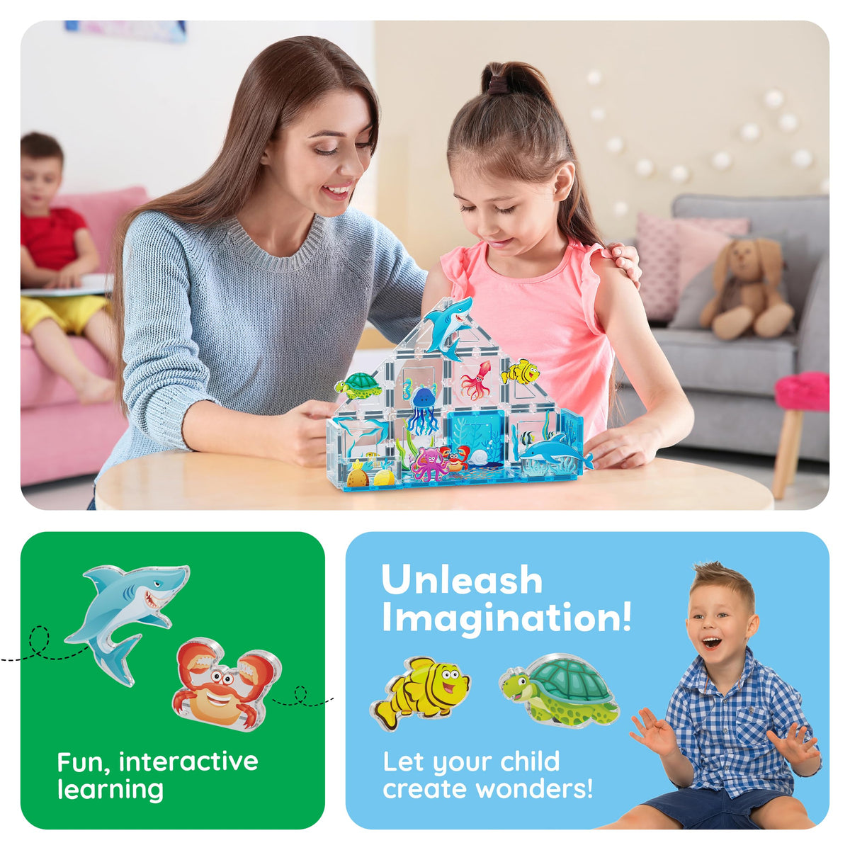PicassoTiles 8 Marine Animal Magnetic Action Figures – Magnetic Tile Accessory Playset for STEM Learning | Ages 3+