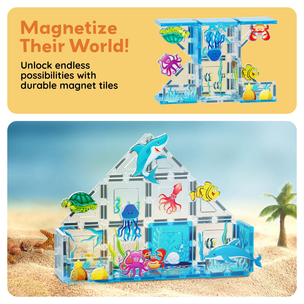 PicassoTiles 8 Marine Animal Magnetic Action Figures – Magnetic Tile Accessory Playset for STEM Learning | Ages 3+