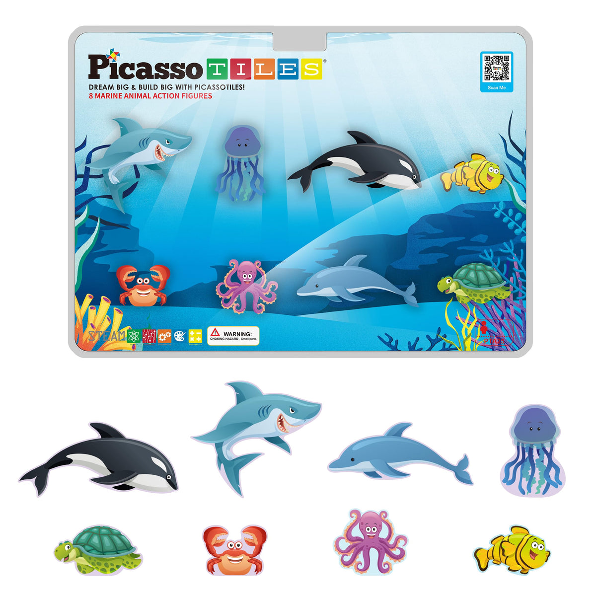 PicassoTiles 8 Marine Animal Magnetic Action Figures – Magnetic Tile Accessory Playset for STEM Learning | Ages 3+