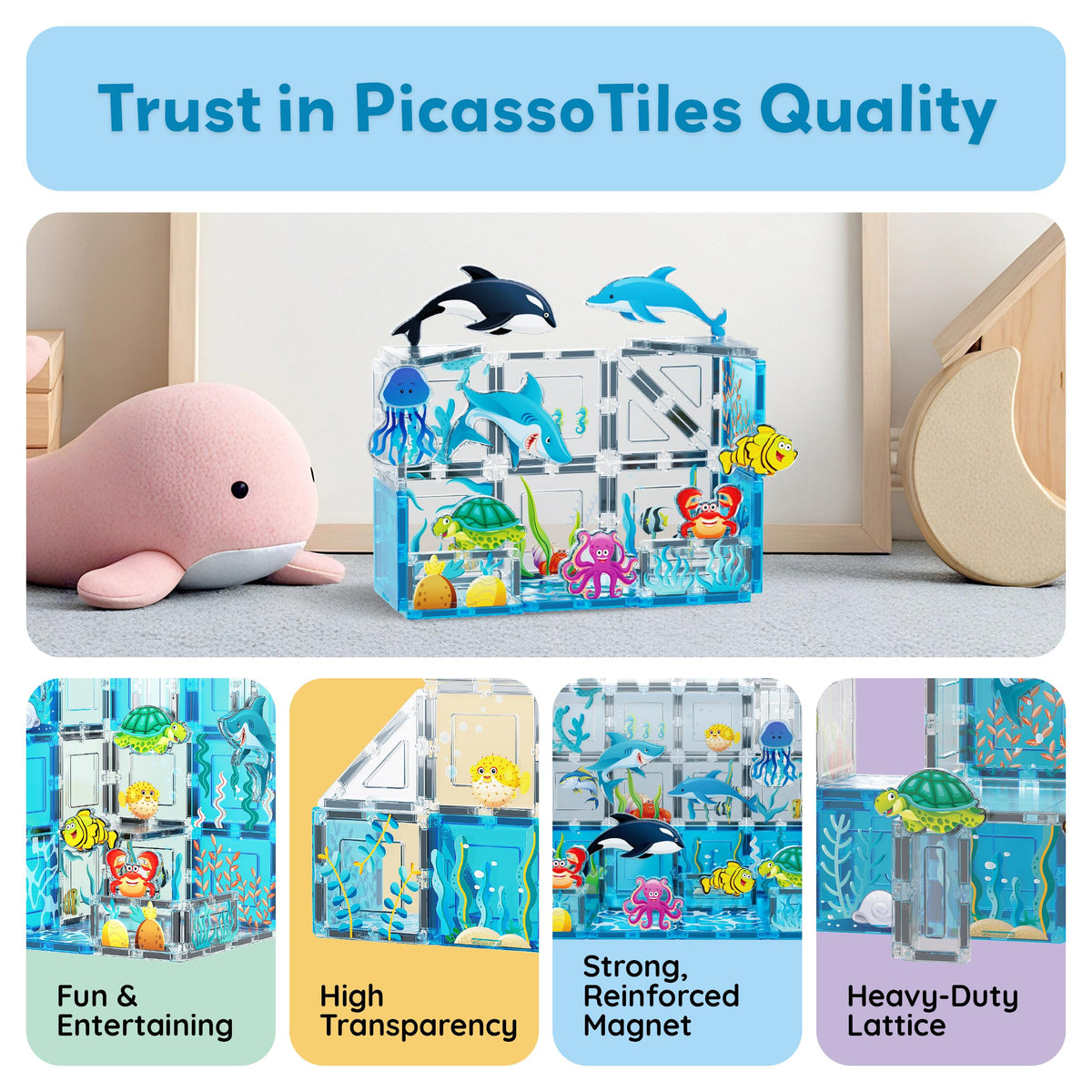 PicassoTiles 8 Marine Animal Magnetic Action Figures – Magnetic Tile Accessory Playset for STEM Learning | Ages 3+